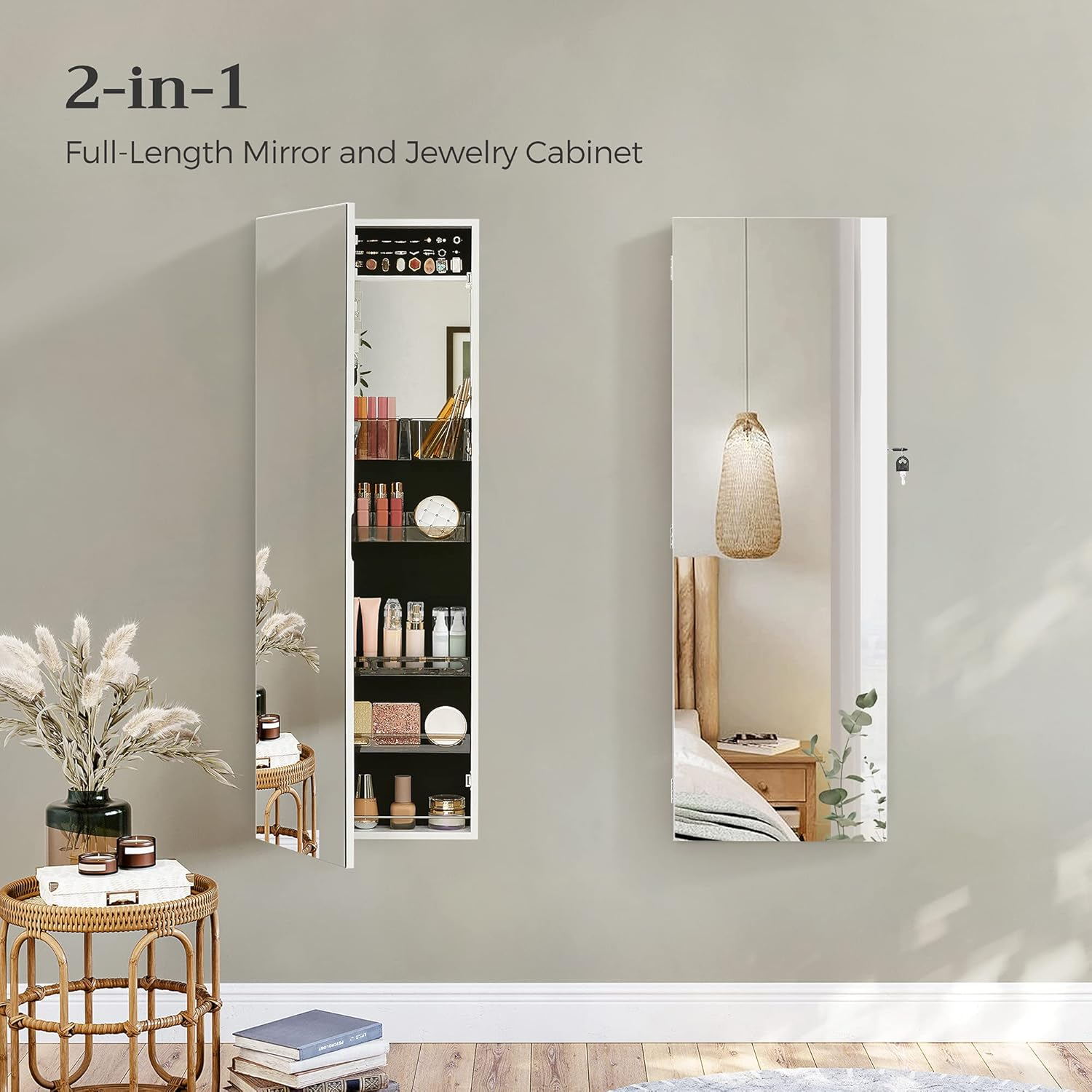 SONGMICS Jewelry Armoires Wall/Door Mount Jewelry Storage Cabinet Organizer Box Full-Length Mirror with Built-in Small Mirror Jewelry Shelves Gift White