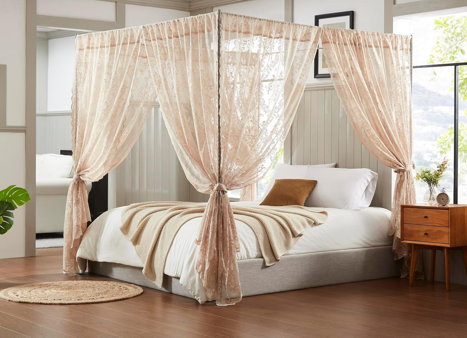 WARM HOME DESIGNS 8 Piece Lace Canopy Bed Curtains Set With Tie-Backs for Queen or King Bed (Set of 8)