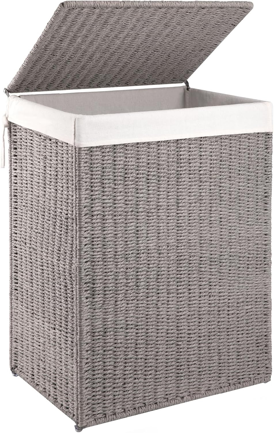 OIAHOMY Laundry Hamper with Lid, 23.8 Gal (90L) Wicker Hamper with Removable Liner Bags, Handwoven Clothes Basket with Handles, Foldable Woven Paper Rope Basket for Laundry Room, Bedroom-Grey