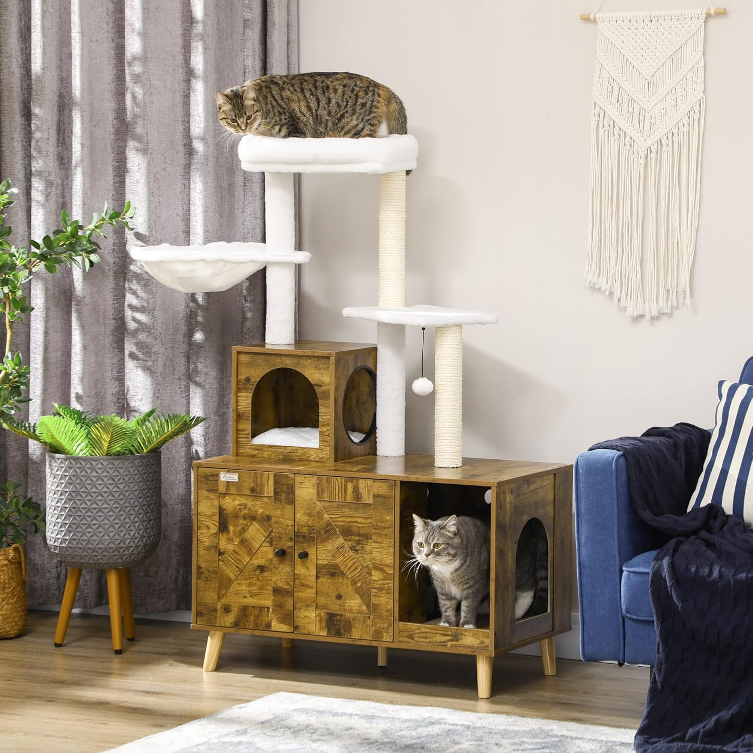 PawHut Cat Tree with Litter Box Enclosure, 2-in-1 Cat Tower Litter Box Furniture Indoor, Cat Condo with Hammock, Scratching Posts Pad, Rustic Brown