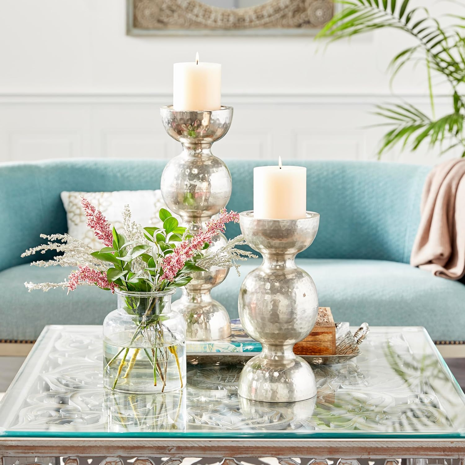DecMode Silver Metal Handmade Pillar Candle Holder
