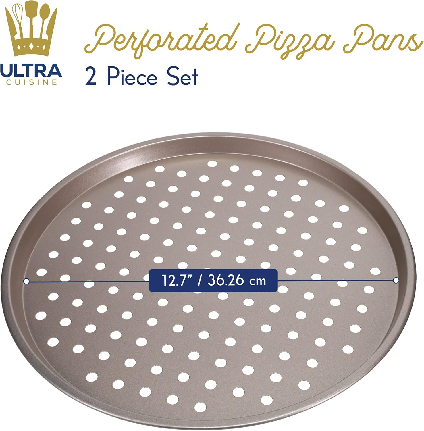 Ultra Cuisine Large Round Carbon Steel Perforated Pizza Pan with Holes, Nonstick, 13in, Champagne