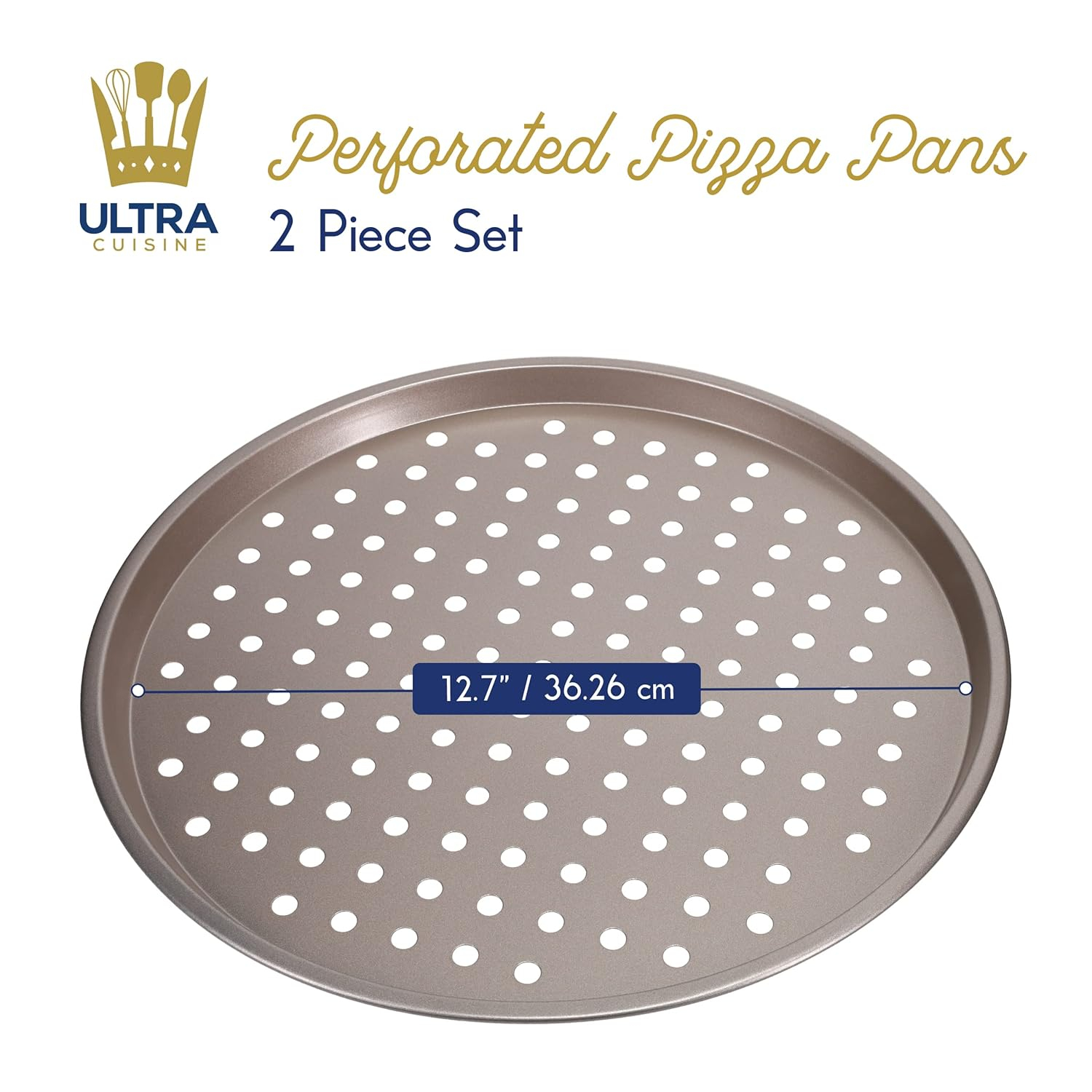 Ultra Cuisine Large Round Carbon Steel Perforated Pizza Pan with Holes, Nonstick, 13in, Champagne
