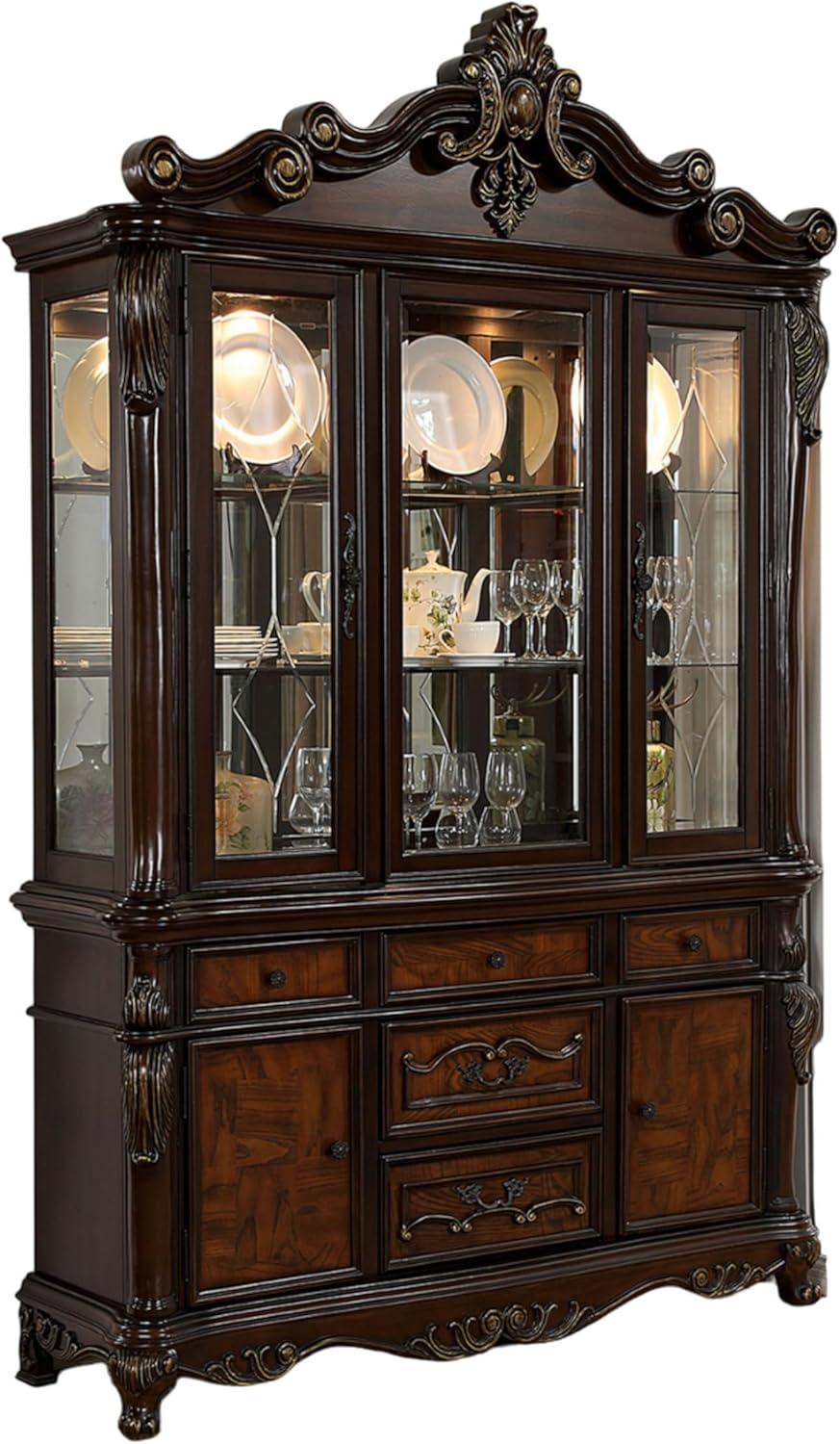 Benjara Zenie Buffet Cabinet and Hutch, Classic Carved, Cherry Brown Solid Wood