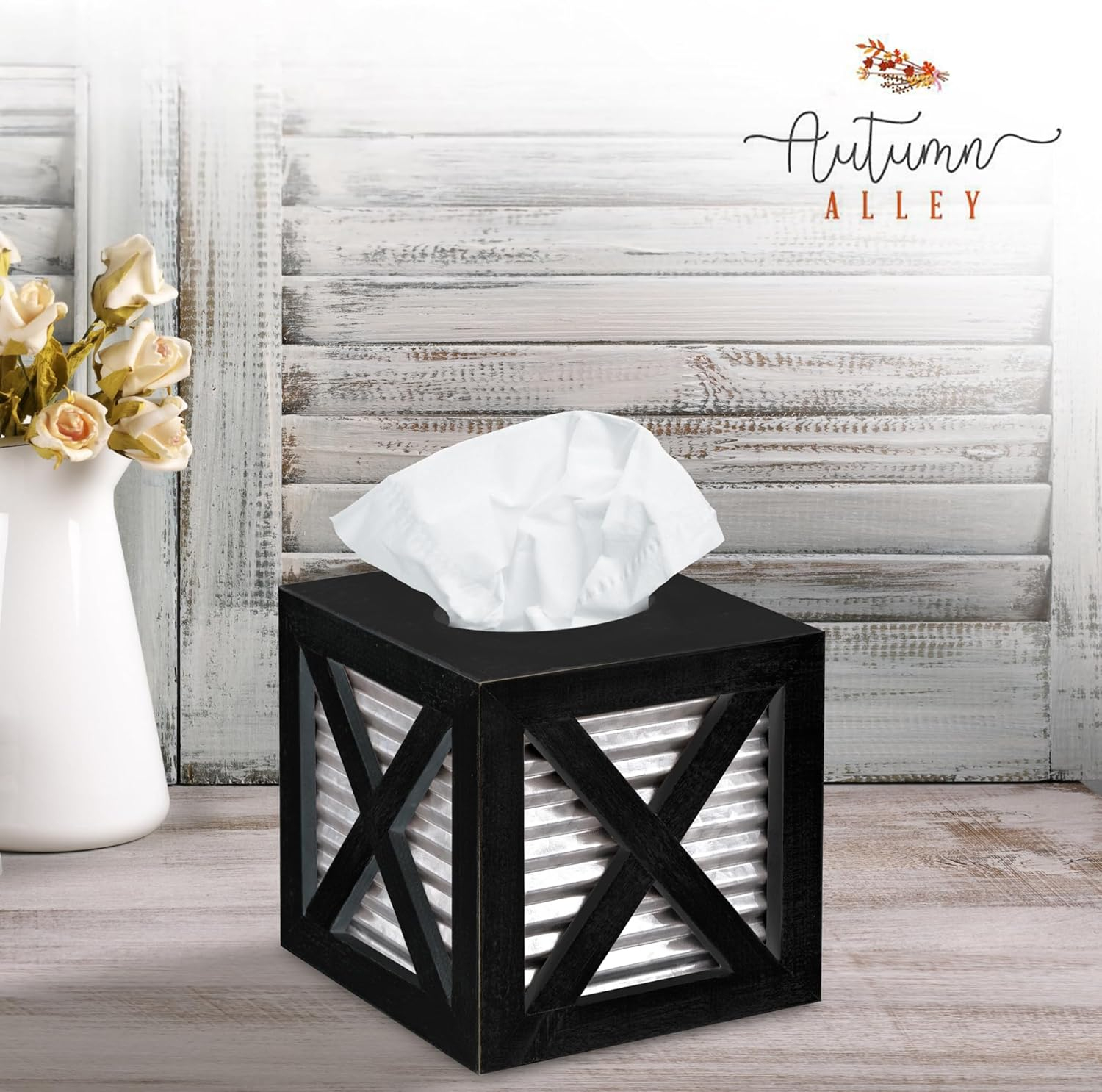 Black and Galvanized Metal Farmhouse Tissue Box Cover
