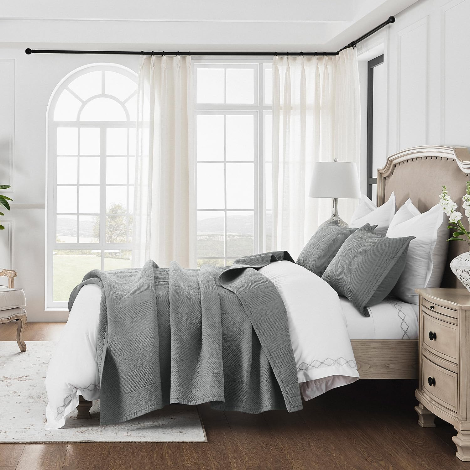Calla Angel Evelyn Stitch Chevron Luxury Pure Cotton Quilt, Gray, Chevron, 3 Pieces Queen Quilt Set