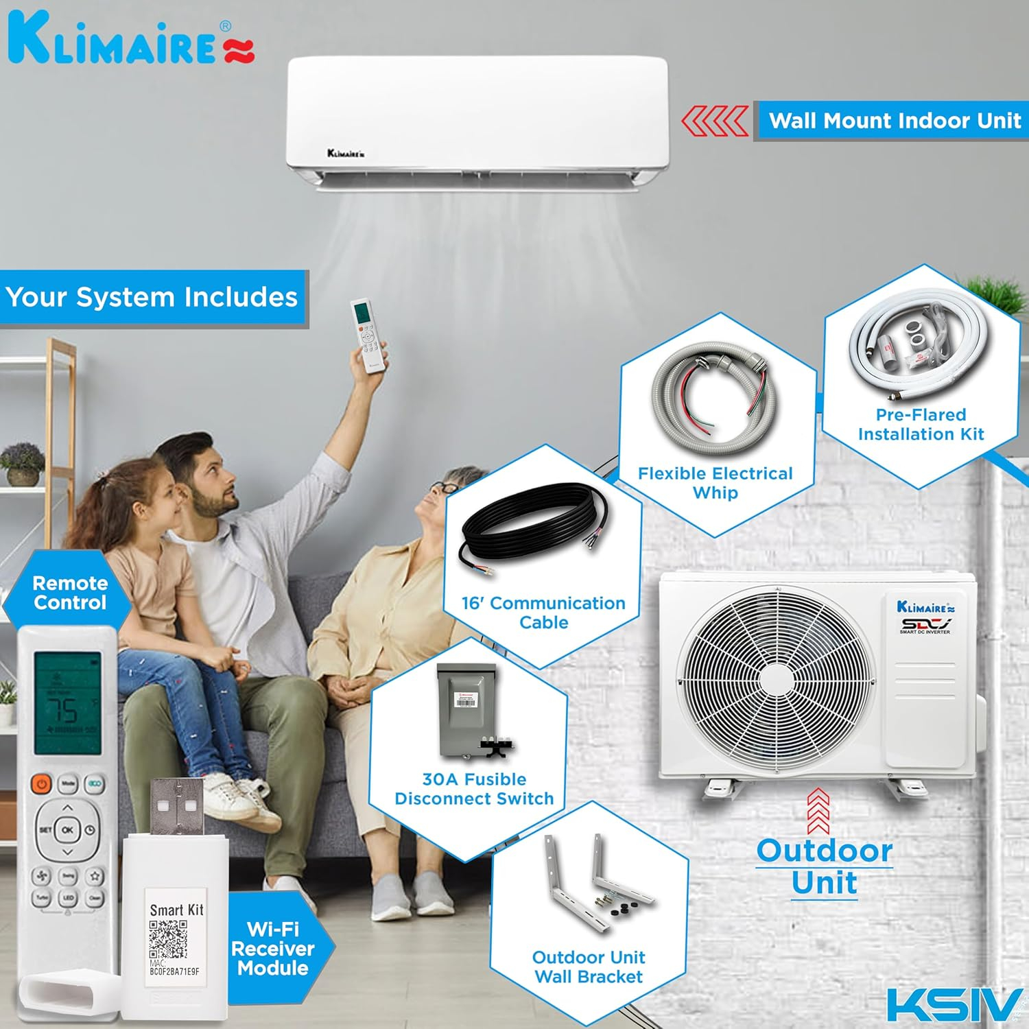Klimaire 36,000 BTU 17.5 SEER2 Wi-Fi-Enabled Ductless Mini-Split Heat Pump Air Conditioner with Installation Kit, Up to 2,400 Sq. Ft