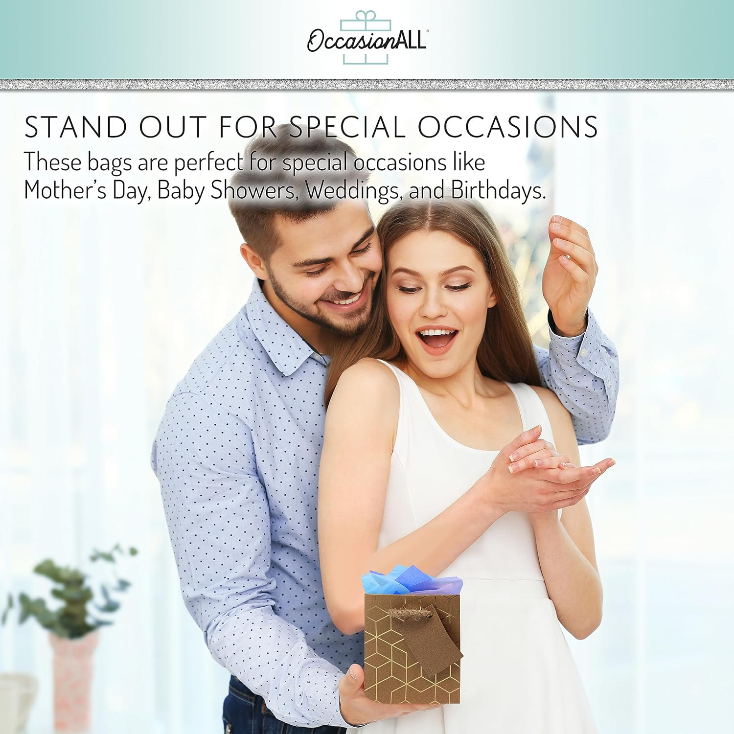 OccasionALL Mini Gift Bags with Handles, Brown Gold Paper Tote for Christmas, Holidays, Cards, Weddings, Birthdays, Shopping, Bulk, 4x2.75x4.5 12 Pack