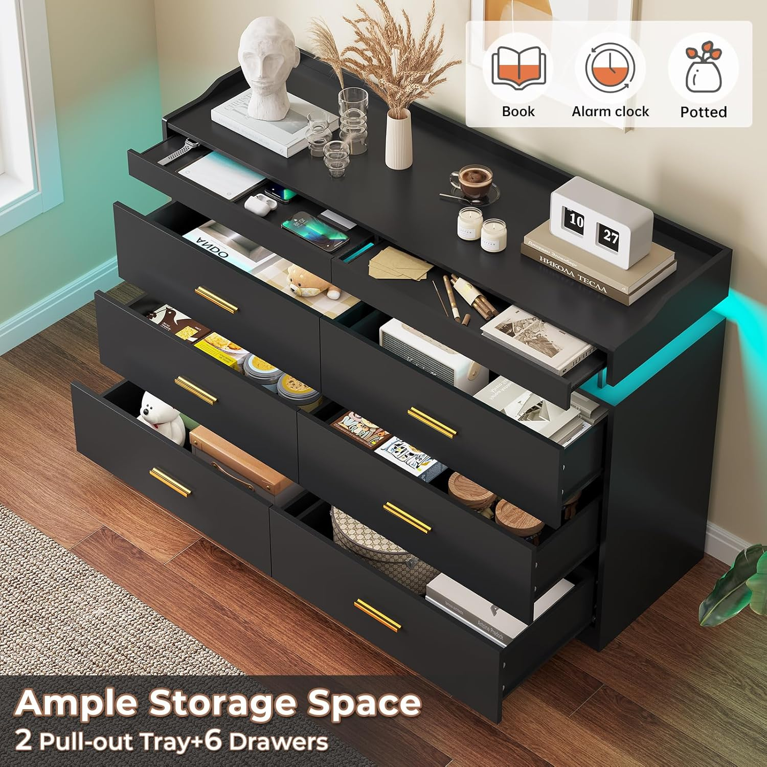Modern LED Dresser for Bedroom, 6 Drawer Dresser with 2 Pull-Out Trays, Wide Dresser, White