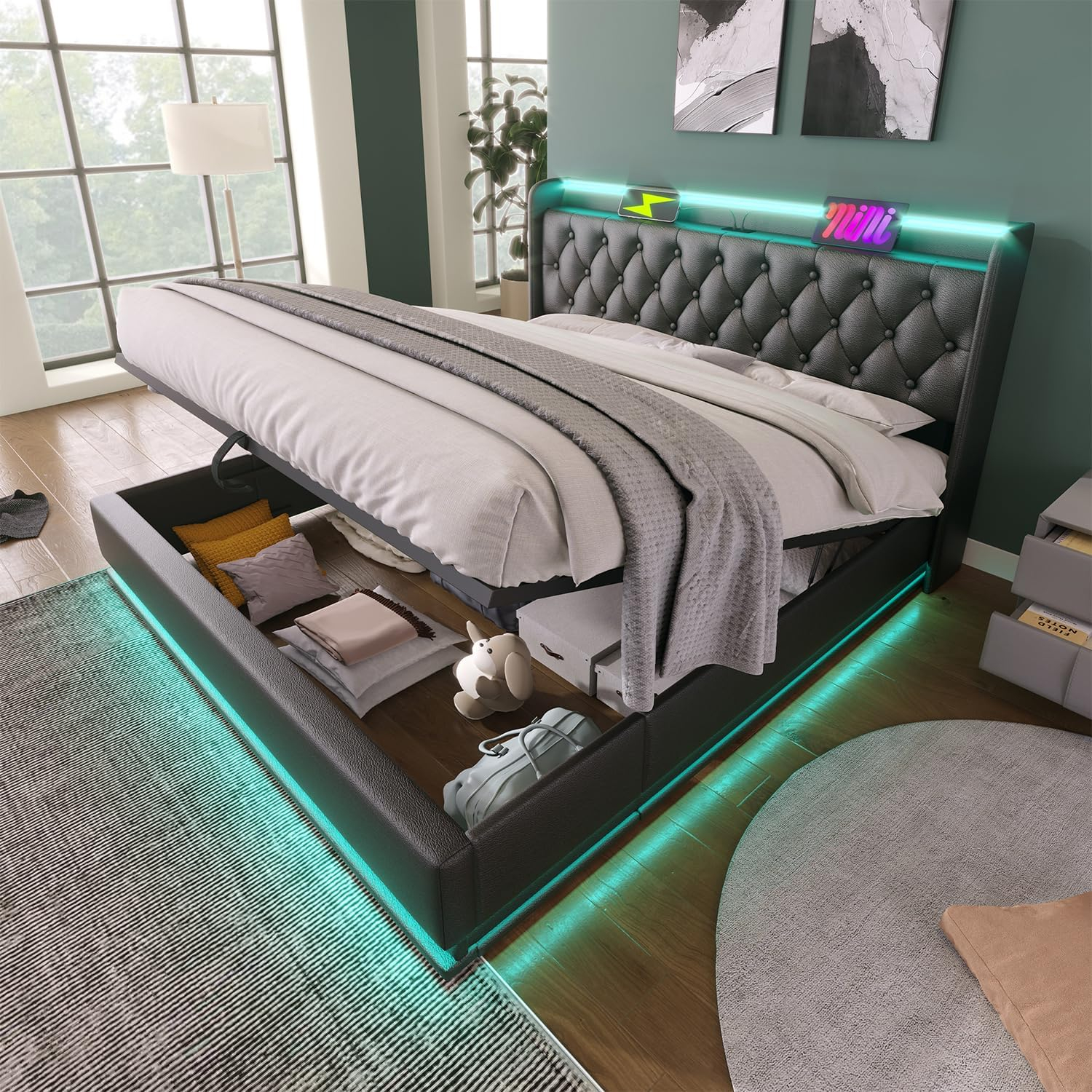 King Size Lift up Storage Platform Bed with 360 Degree Surround LED Light, Bedroom Upholstered Hydraulic Smart Bed Frame, No Noise, No Spring Mattress Required, Easy to Assemble (Gray, King)
