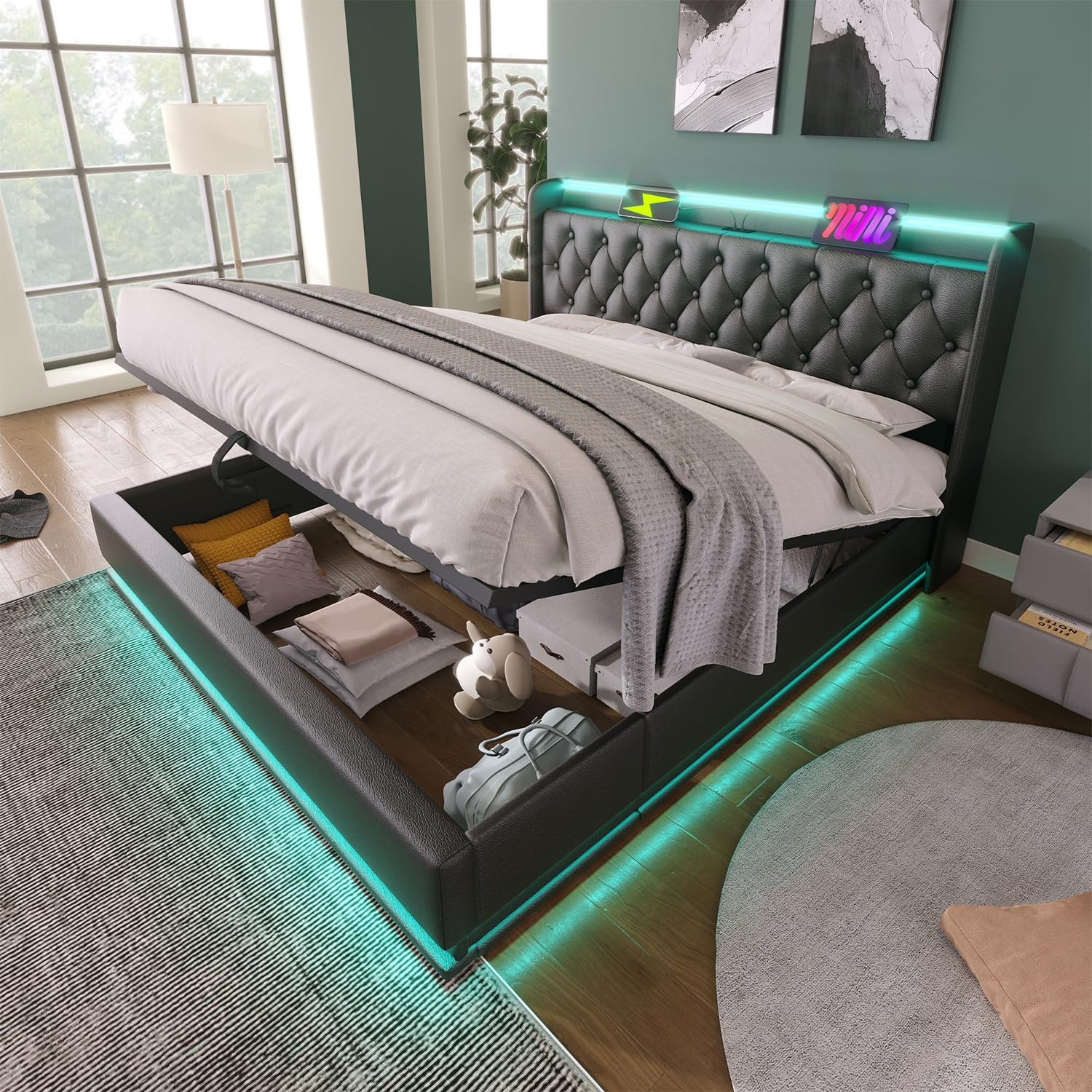 King Size Lift up Storage Platform Bed with 360 Degree Surround LED Light, Bedroom Upholstered Hydraulic Smart Bed Frame, No Noise, No Spring Mattress Required, Easy to Assemble (Black, King)