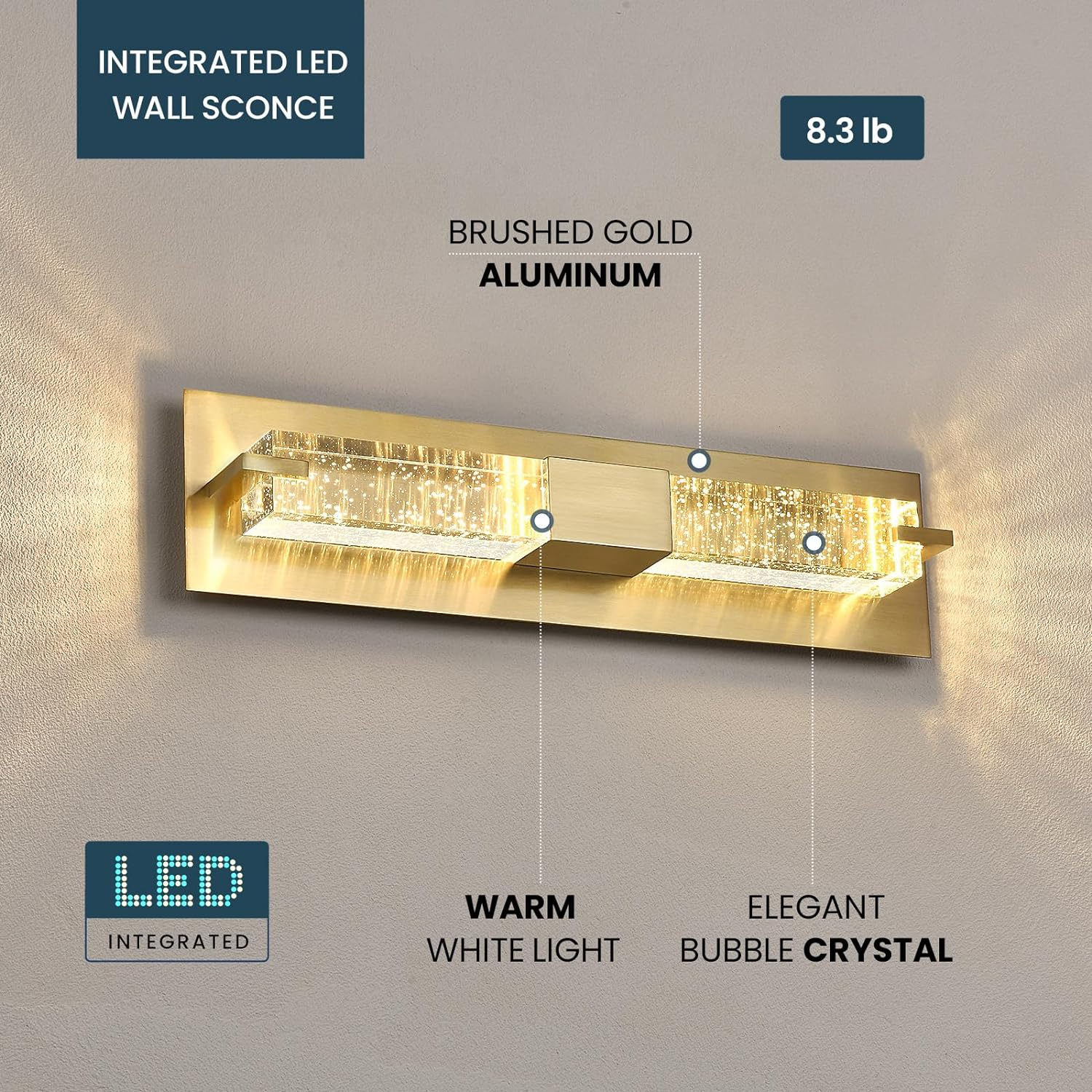 WOSHITU LED Wall Sconce Light: 19 Inch Gold Modern Sconces Wall Lighting 3000K Dimmable Crystal Wall Lamps Indoor Bathroom Sconce Mount Light Fixtures for Living Room/Bedroom/Hallway