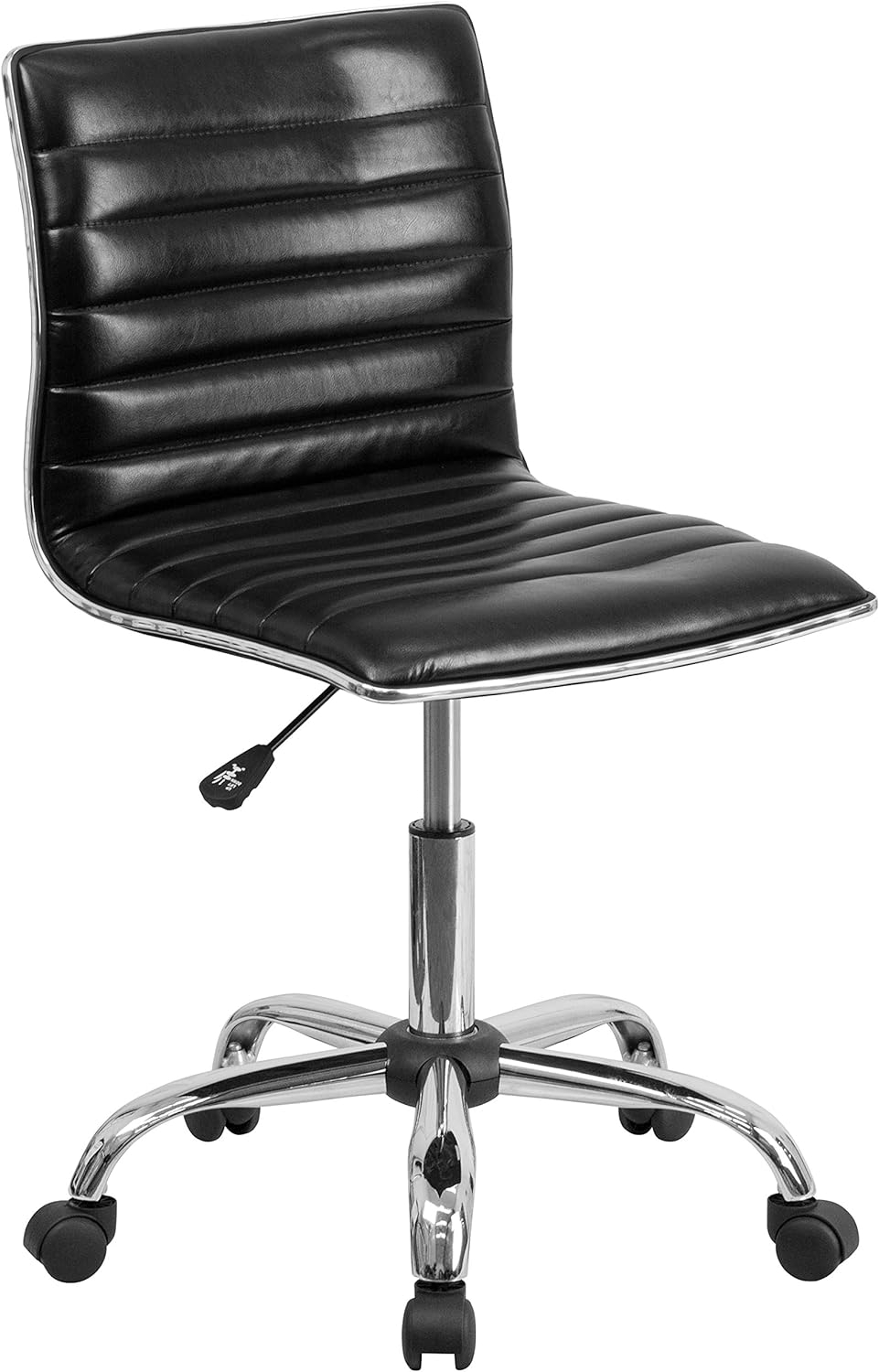 QueelQuest Adjustable Task Chair PU Leather Low Back Ribbed Armless Swivel Black Desk Chair Office Chair Wheels (Black)