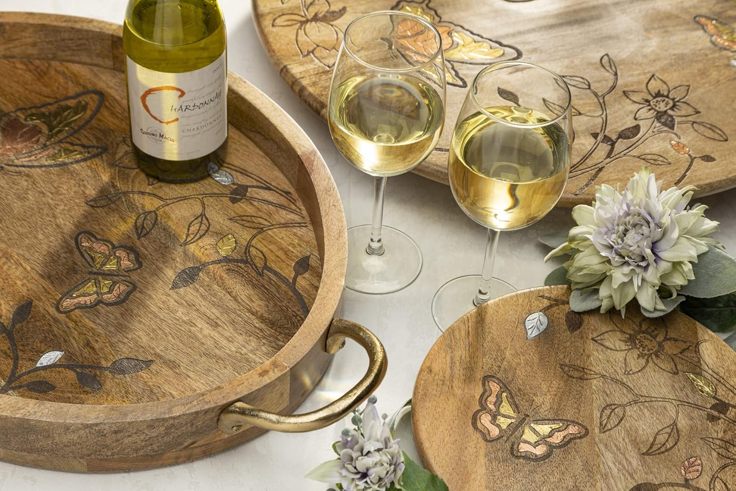 Gerson Mango Wood with Laser Butterfly Design Oval Tray with Handles.