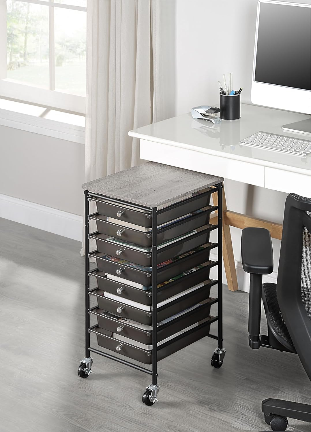 Compact Black Metal and Wood Rolling Storage Cart with 8 Drawers