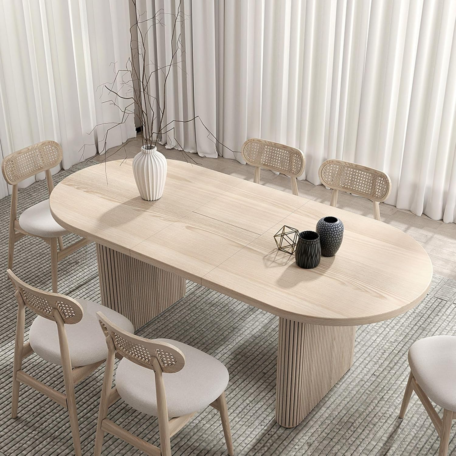 Homary Japandi 63"-79" Oval Extendable Whitewash Dining Table Butterfly Leaf 6 Seater