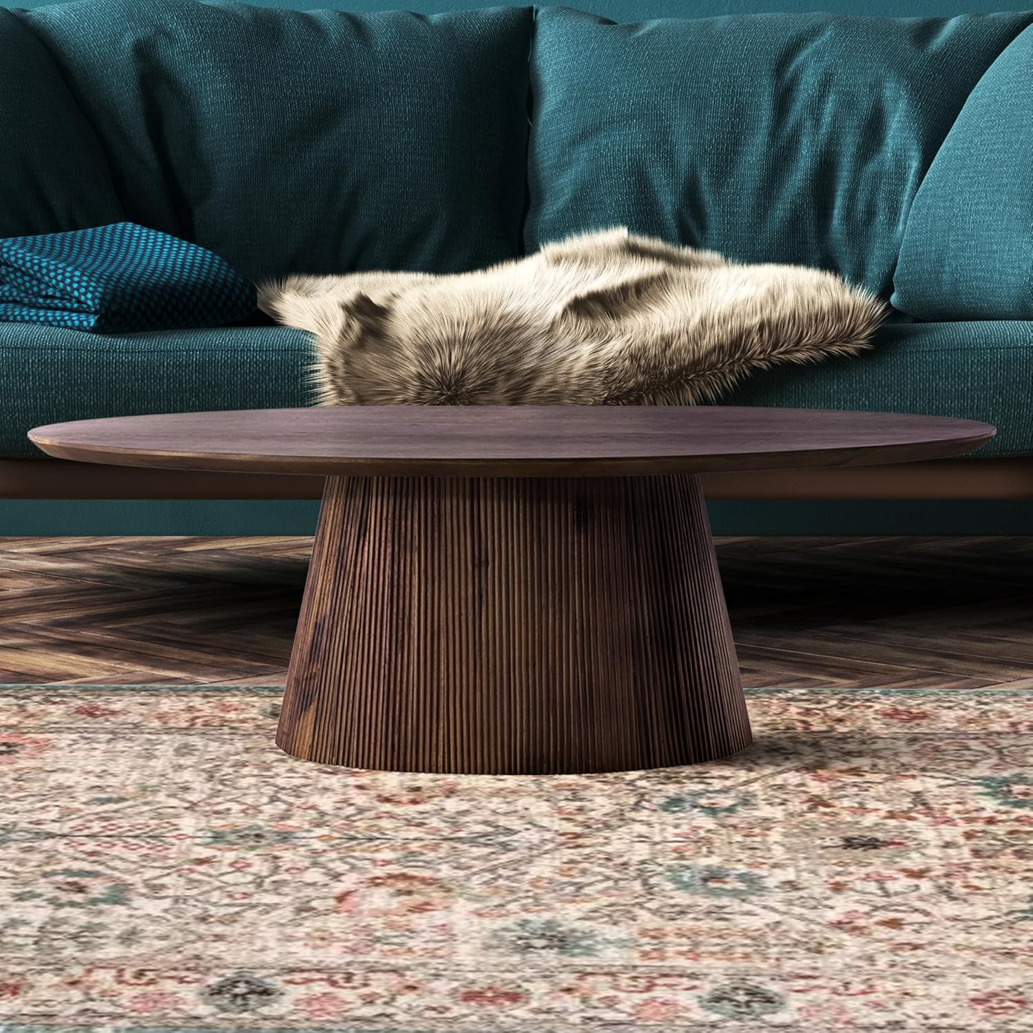 Canarm MADHY Round Coffee Table, Rustic Brown Wood Finish, Elegant Fluted Design, Spacious Tabletop, Easy Assembly for Living Room