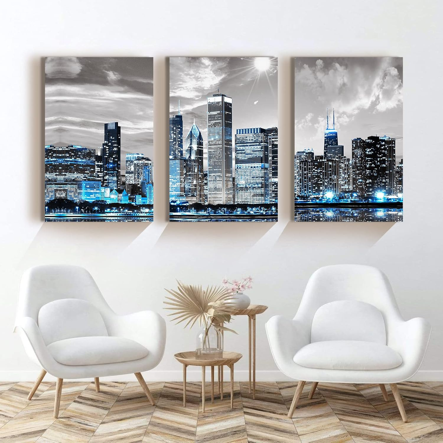 Modern Blue and Gray Chicago Skyline Canvas Wall Art Set