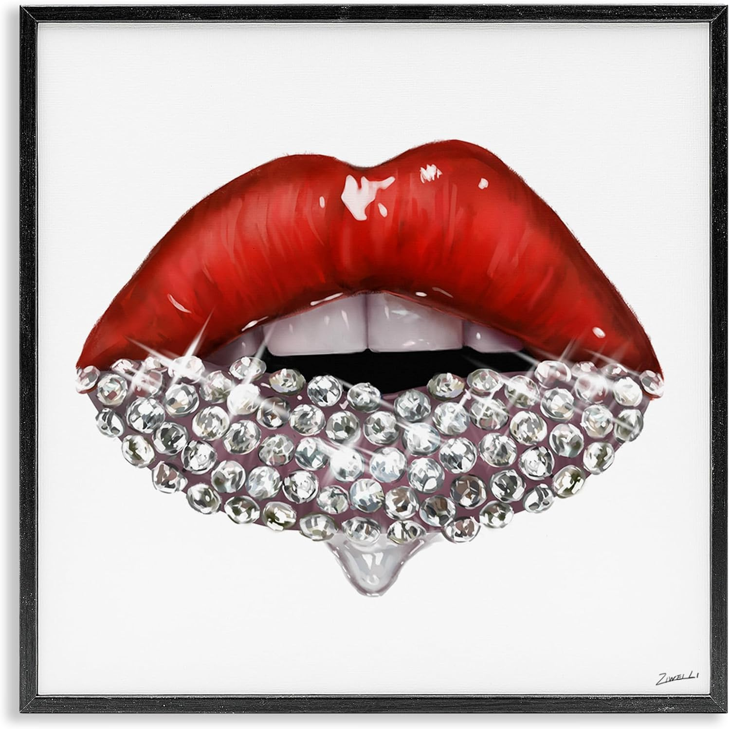 Red Glam Lips with Glistening Cosmetic Stones 12 in x 12 in Framed Painting Art Print, by Stupell Home Décor