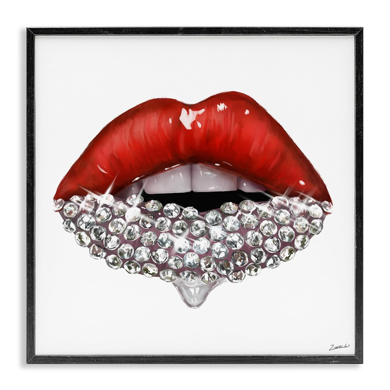 Red Glam Lips with Glistening Cosmetic Stones 12 in x 12 in Framed Painting Art Print, by Stupell Home Décor