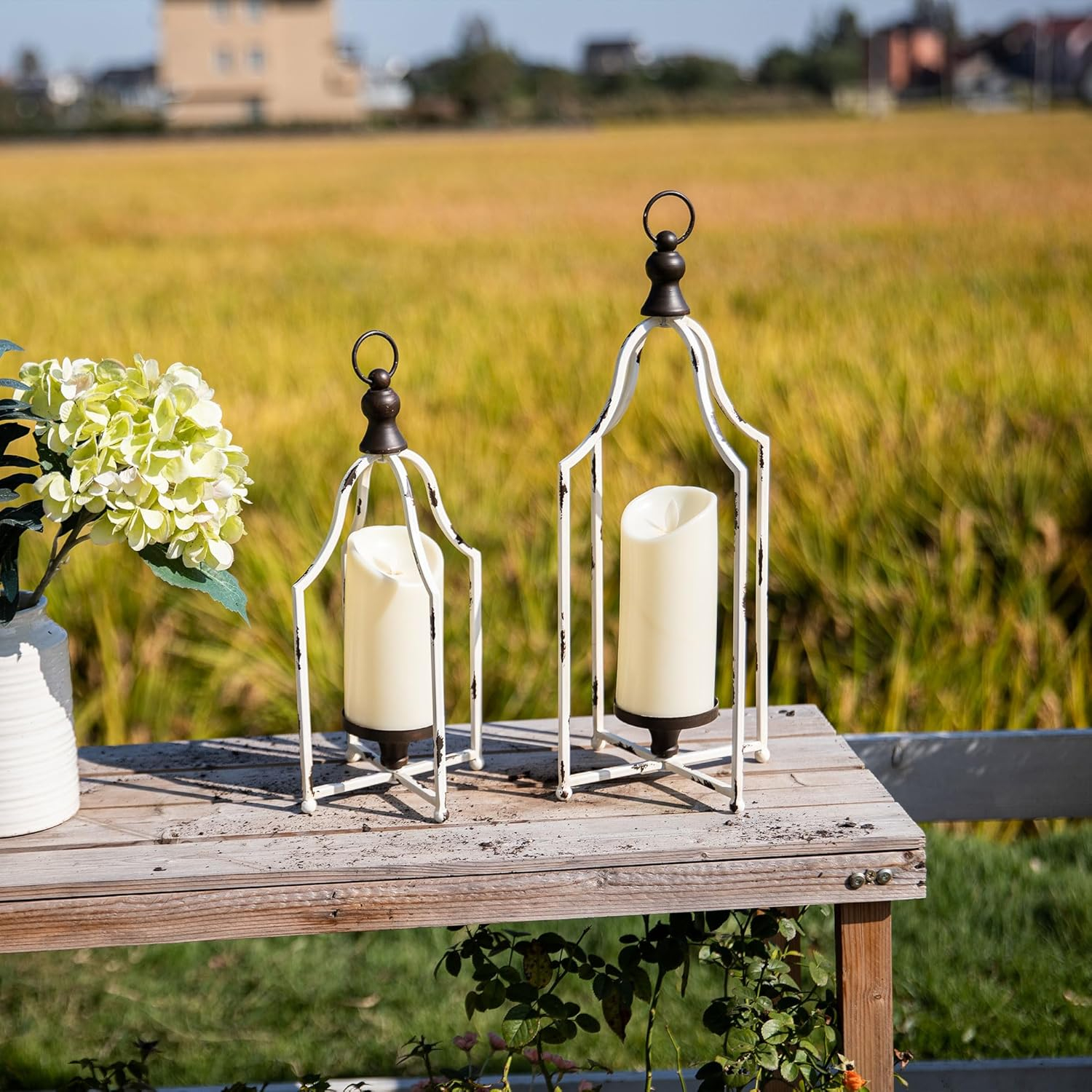HPC Decor Lanterns Decorative for Home Decor- 16.5''13'' White Metal Candle Lanterns Set of 2- Modern Farmhouse Lantern Decor for Outdoor, Indoor, Living Room, Dining Table or Fireplace Mantle Decor