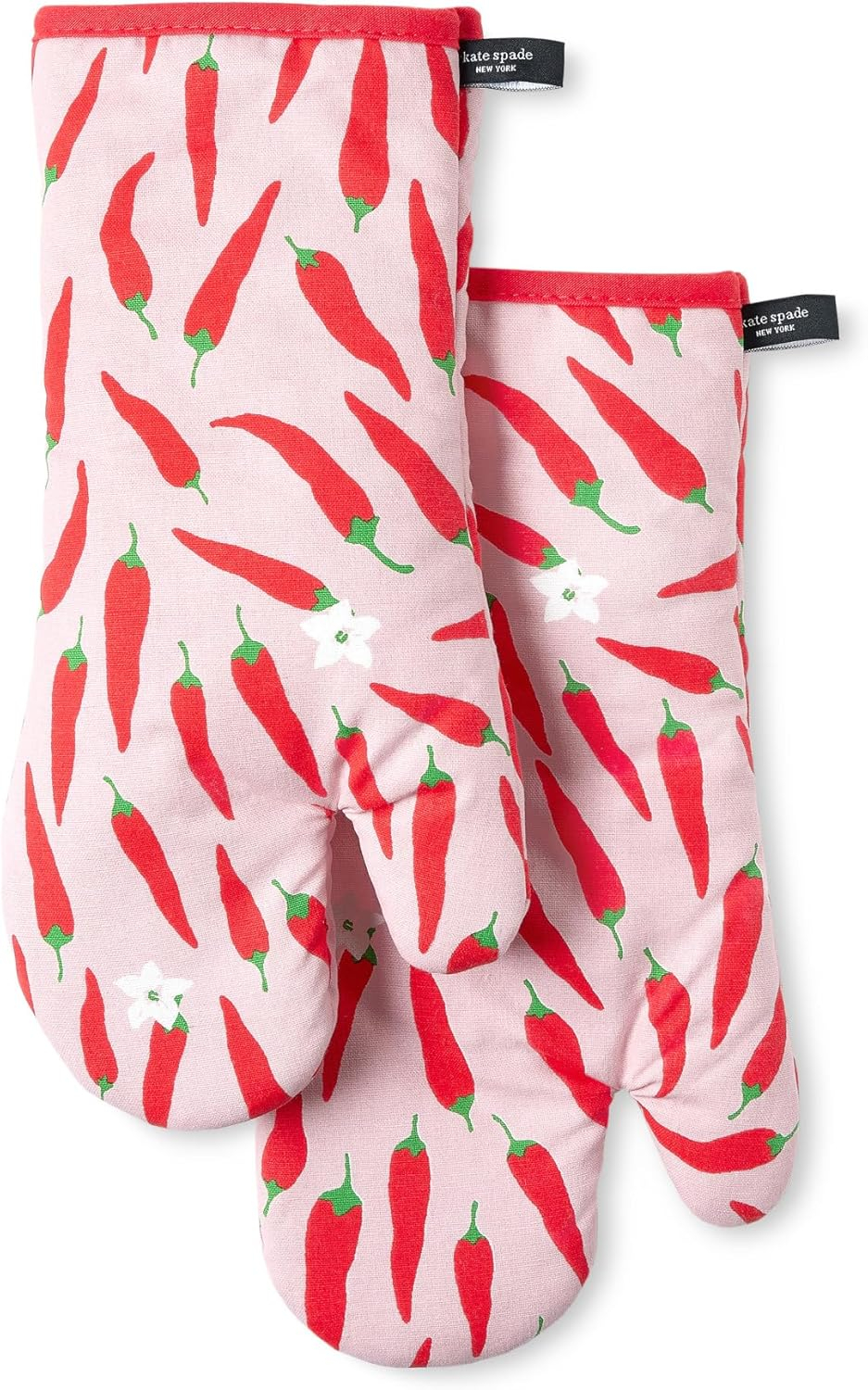 kate spade new york Hot Hot Hot Peppers Oven Mitt 2-Pack Set, Heat Resistant, 100% Cotton, Red/Pink, 7"x13"