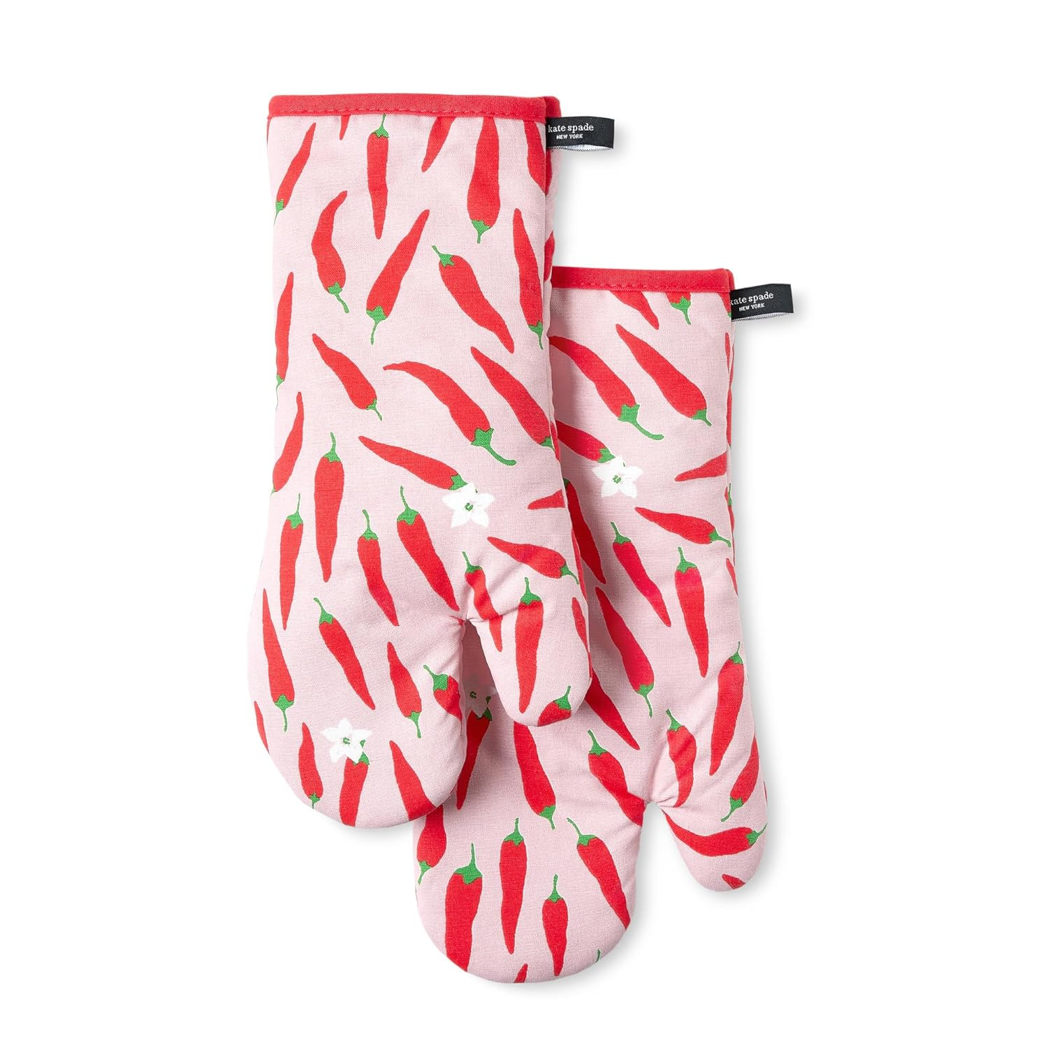 kate spade new york Hot Hot Hot Peppers Oven Mitt 2-Pack Set, Heat Resistant, 100% Cotton, Red/Pink, 7"x13"