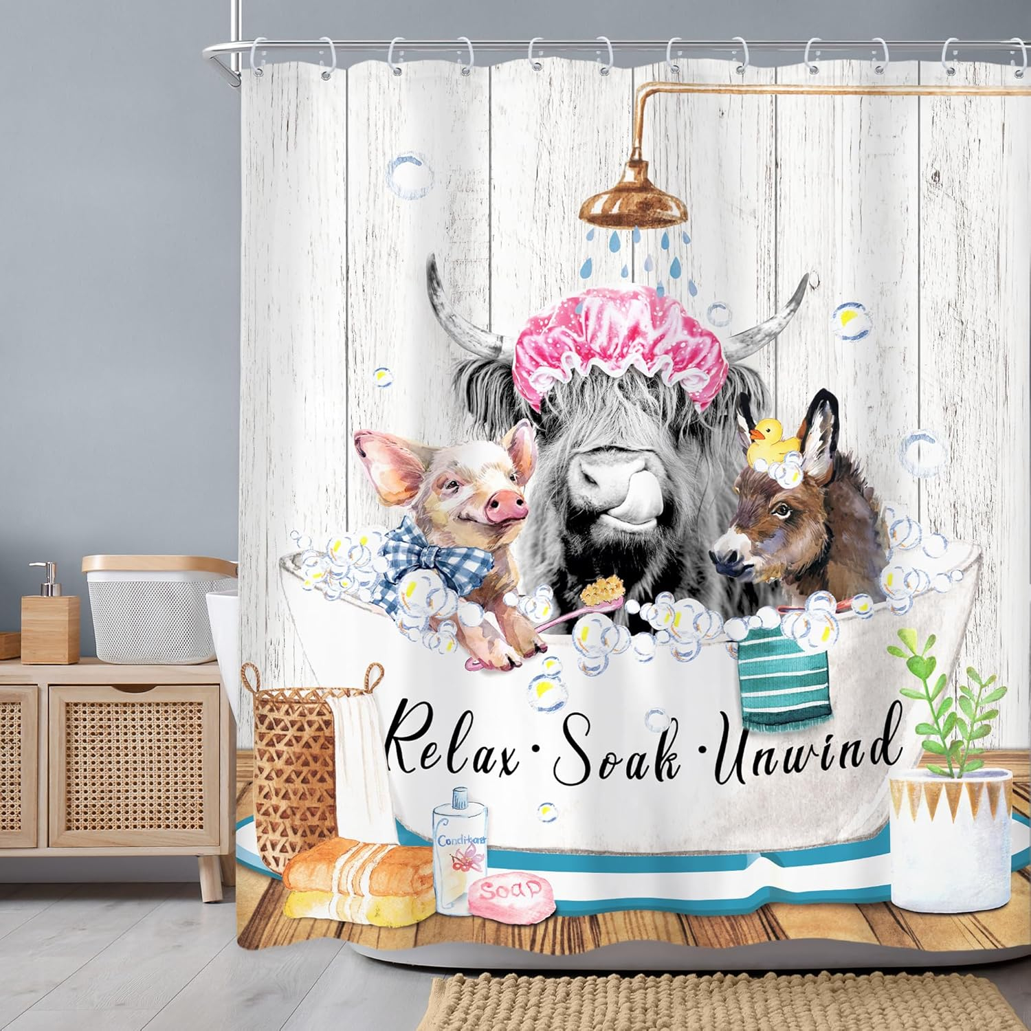 Funny Highland Cow Shower Curtain 60Wx72H Inch Bull Western Cattle Donkey Pig in Bathtub Rustic Shower Curtain Bathroom Set Farmhouse Animal Waterproof Bath Decoration Accessories Home Decor