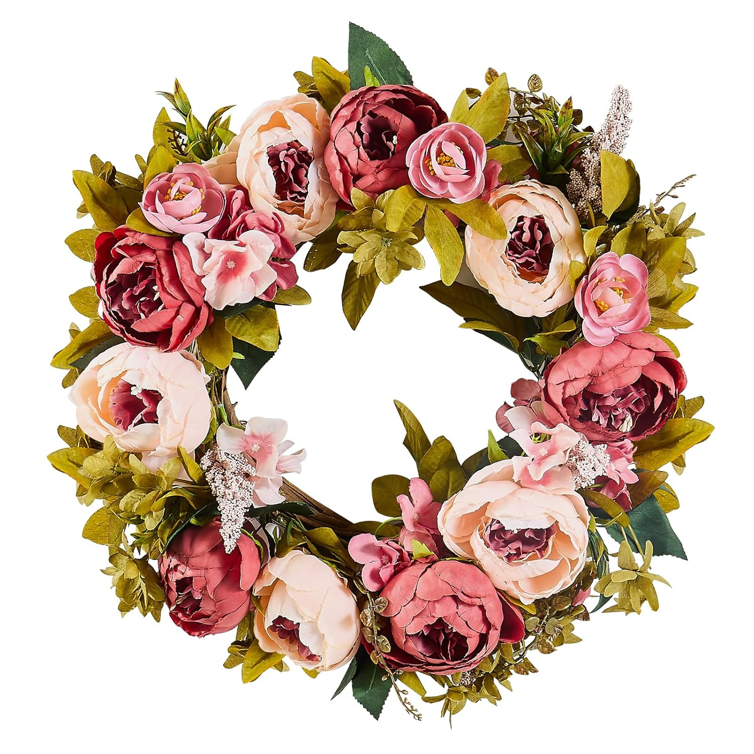 VEVOR Spring Wreath for Front Door 19 Inch - Artificial Peony Floral Wreath with Greenery, Year-Round All Season Outdoor Indoor Decor
