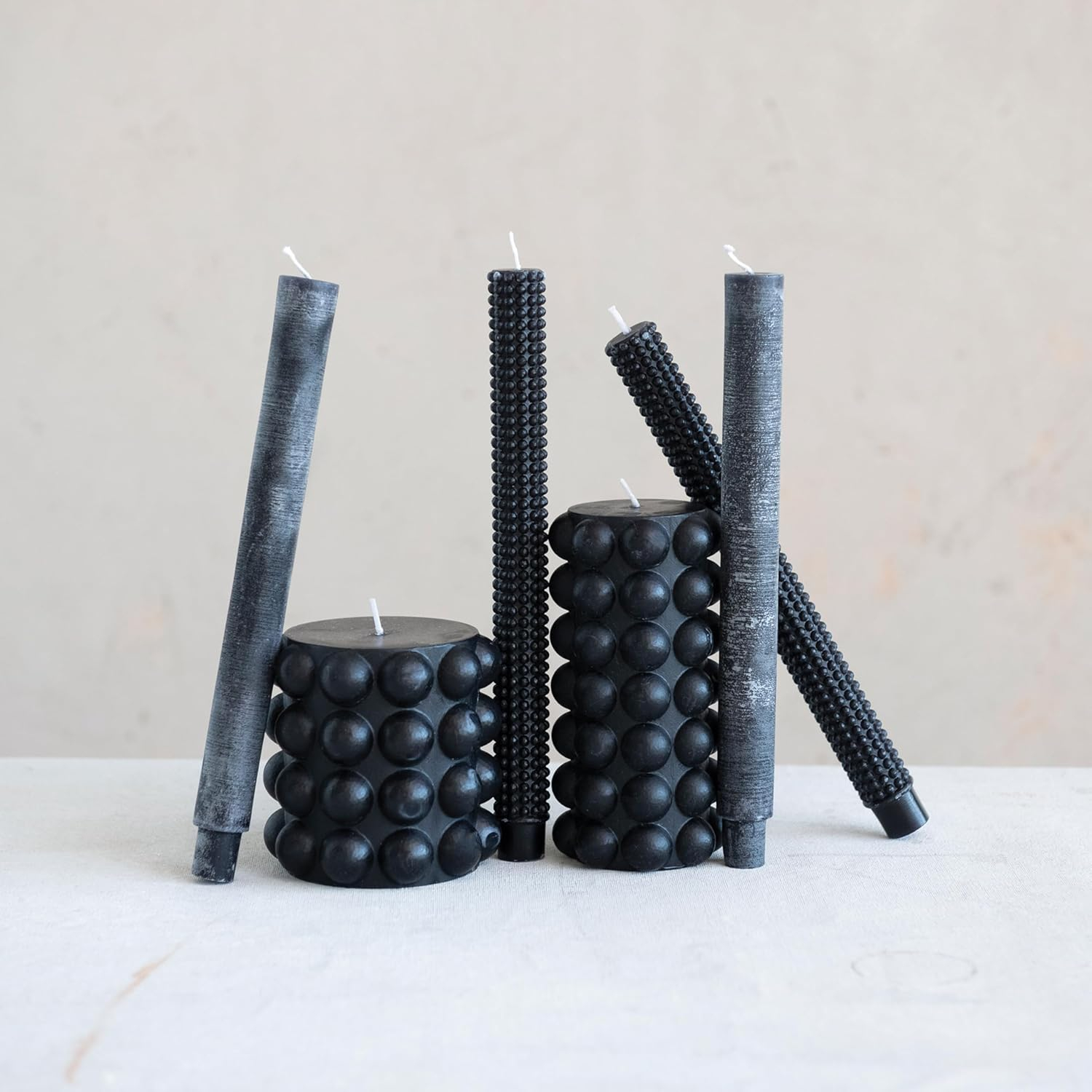 Black Hobnail Design 10" Paraffin Wax Taper Candles, Set of 2