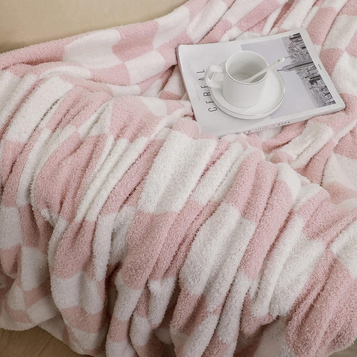 bearberry Fuzzy Checkerboard Grid Throw Blanket Knitted Soft Cozy Warm Microfiber Blanket Decor for Couch Sofa Bed Travel Home (Pink, 40''x50'')