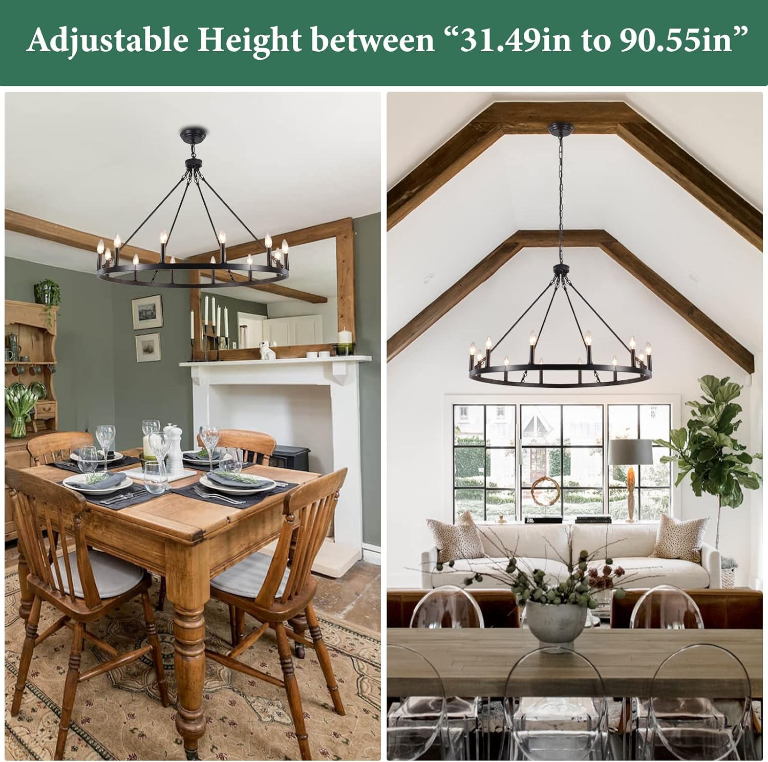 12-Light Black Farmhouse Candle Design Circle Iron Wagon Wheel Chandelier for Dining Room with No Bulbs Included