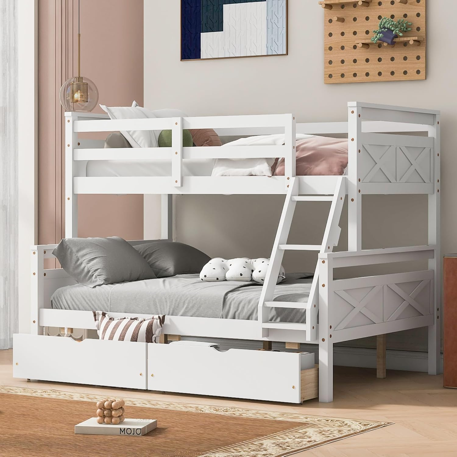 Merax Twin Over Full Bunk Bed with 2 Storage Drawers,Solid Wood Bunk Bed with Ladder and Safety Guardrail for Bedroom Kids Adults, Can be Separated into 2 Beds,White