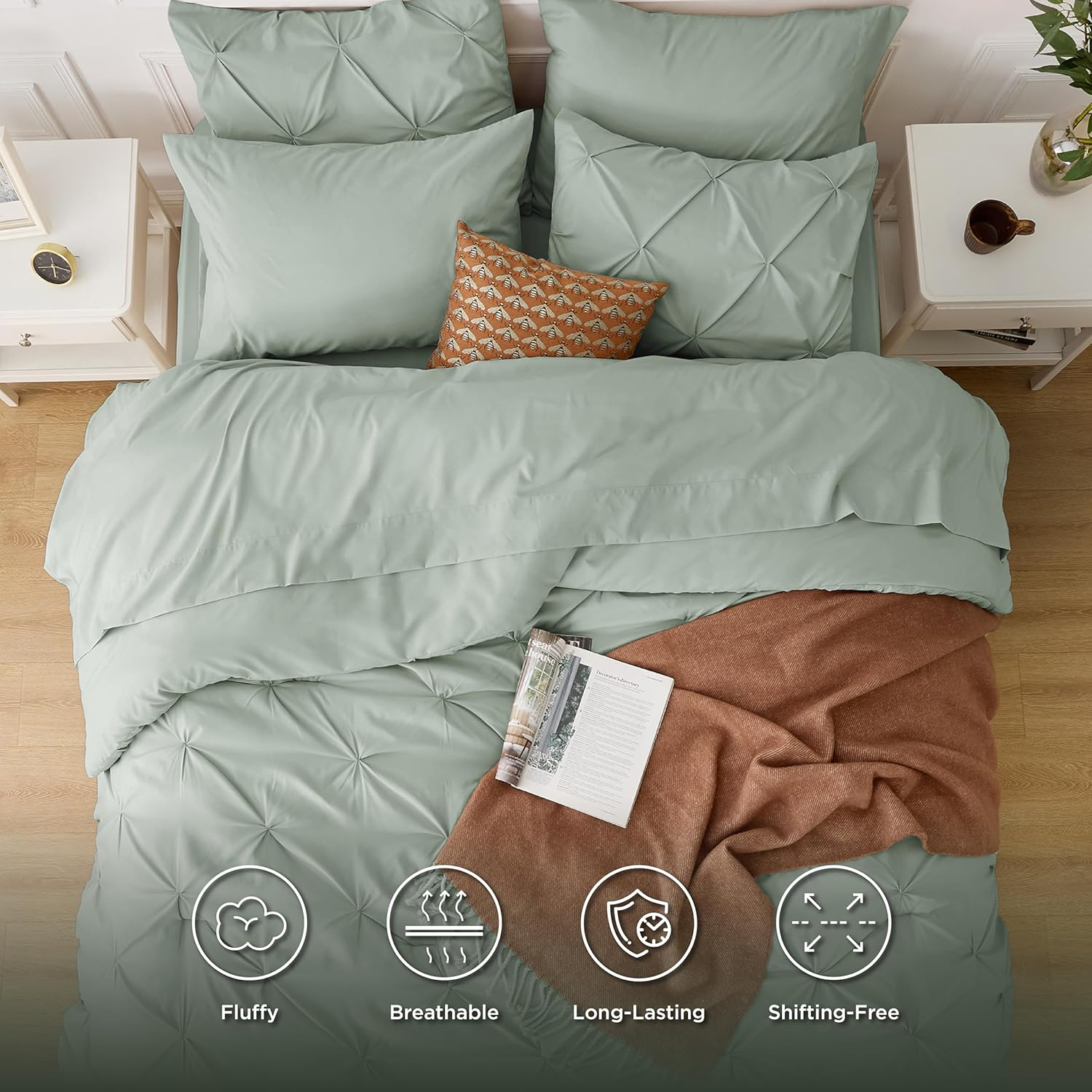 Bedsure Queen Comforter Set Sage Green - Bed in a Bag Queen Size 7 Pieces, GentleSoft™ Pintuck Bed Set Gift for Family, Pinch Pleat Sage Green Comforter with Sheets, Pillowcases & Shams