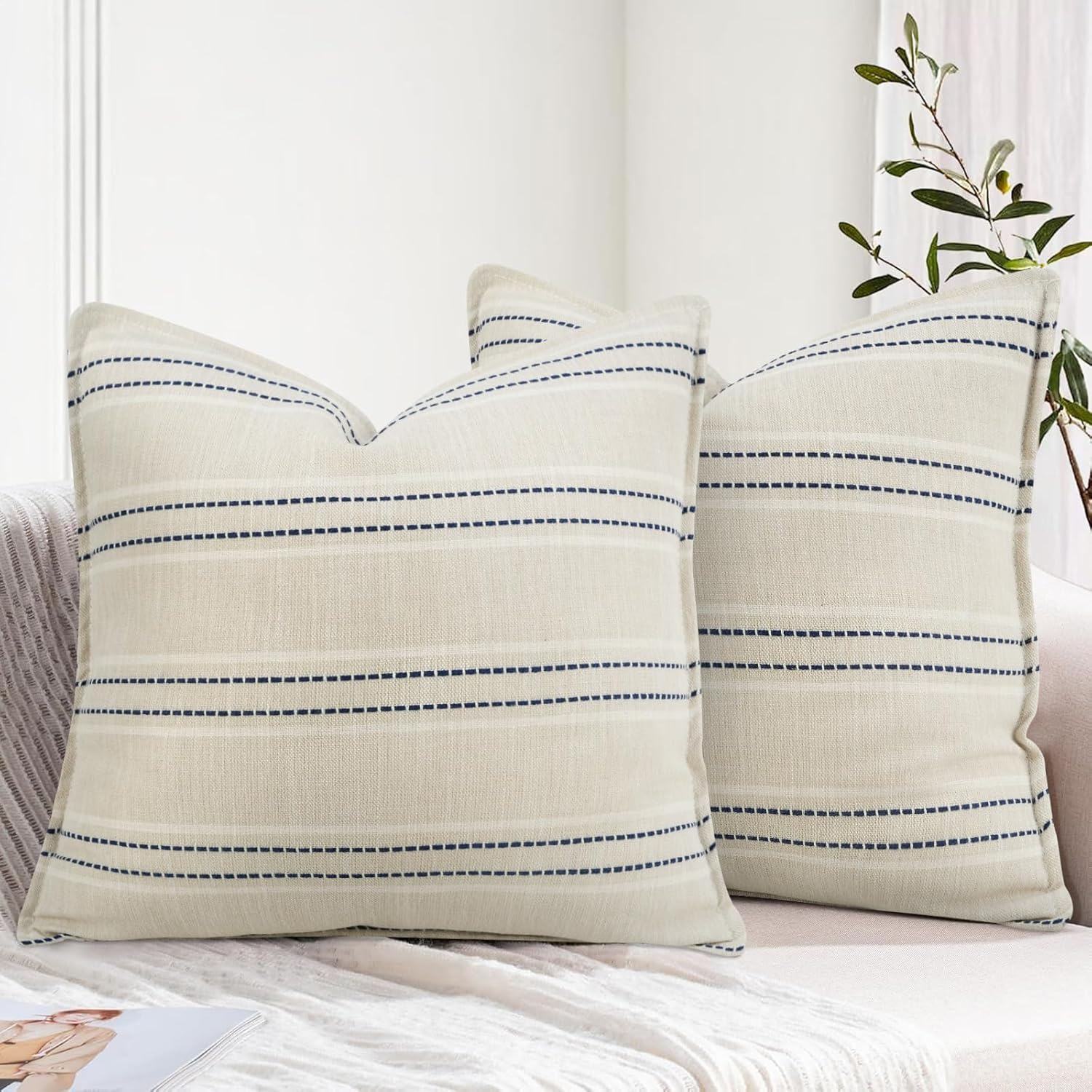 Beige and Navy Blue Farmhouse Stripe 18" Pillow Covers Set