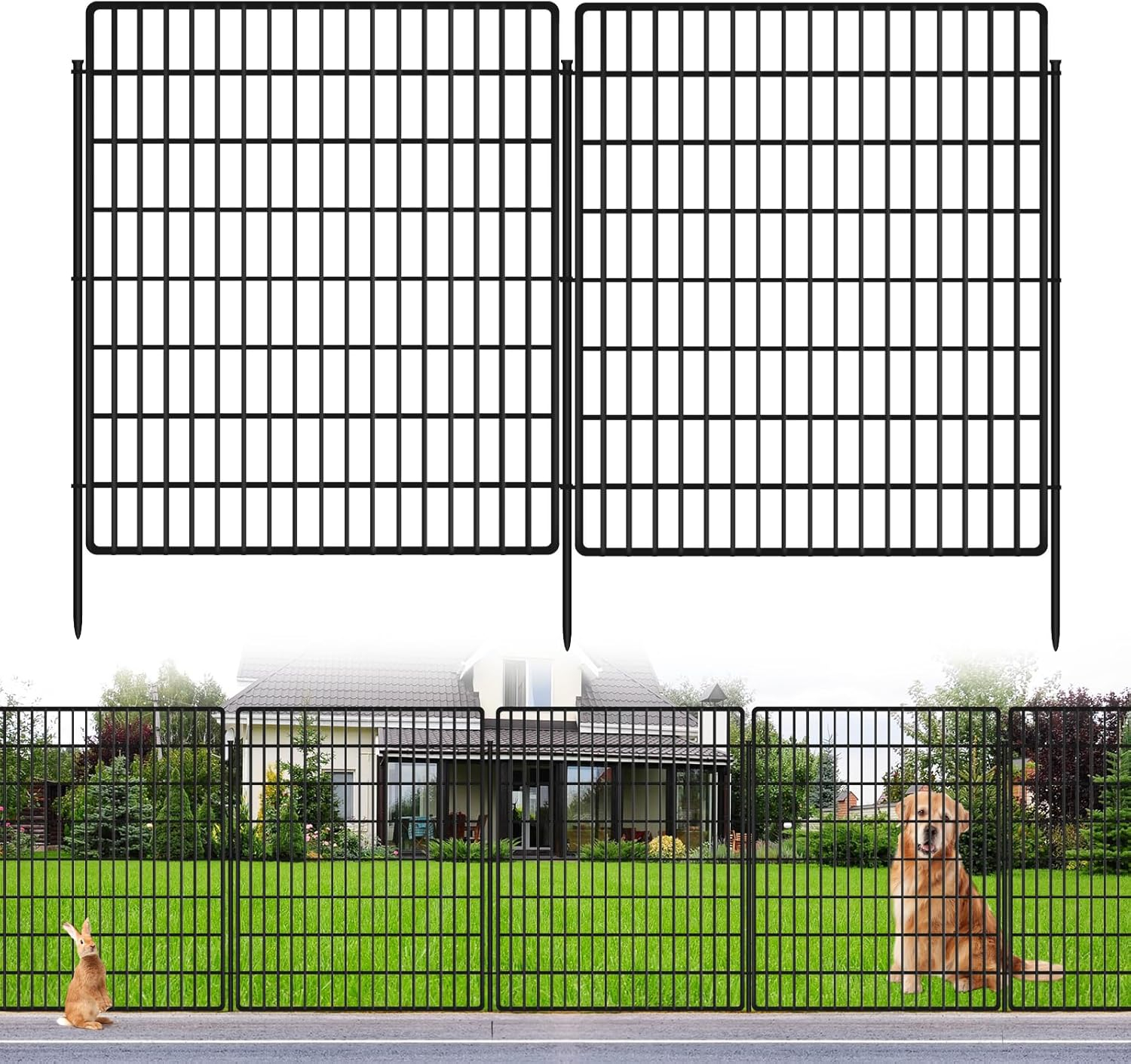 10 Panels Garden Fencing Animal Barrier, 33 in(H) X 24 ft(L) Dog Fence Outdoor for Yard Rustproof No Dig Decorative Tall Garden Fence Metal Wire Panel Border Patio Rabbit Ground Stakes Fencing