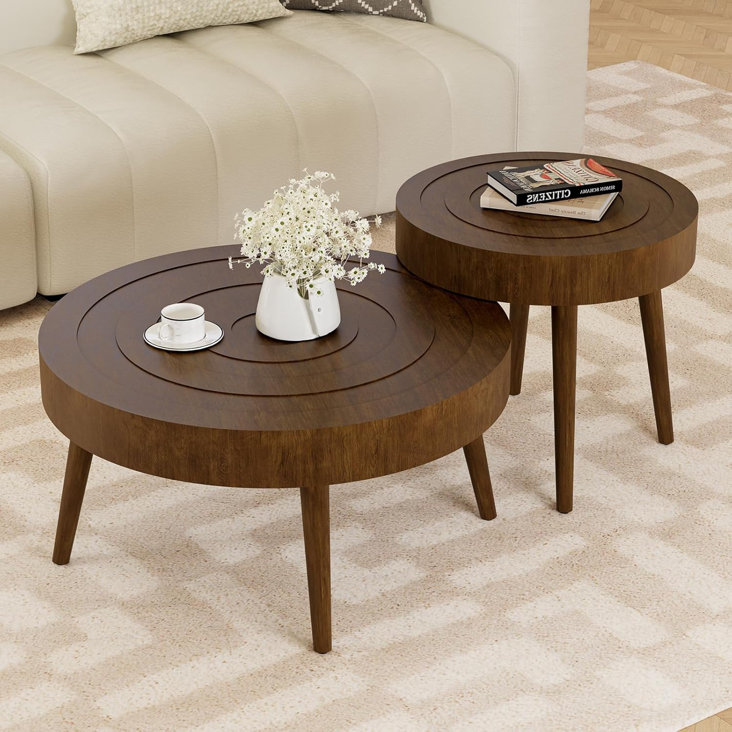 COSIEST 2 Piece Round Coffee Table Set, Modern Nesting Table with Handcrafted Wood Ring Motif, Farmhouse Wood End Table for Living Room