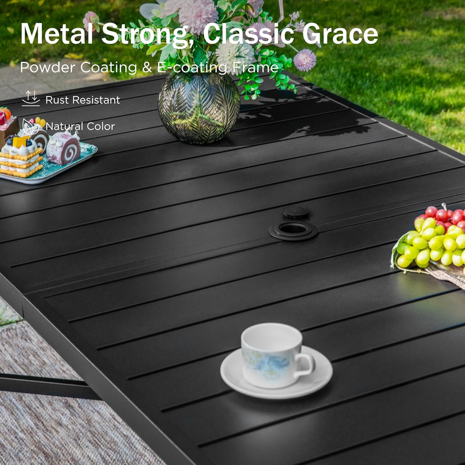 Black Steel Rectangular Outdoor Patio Bar Dining Table with Umbrella Hole