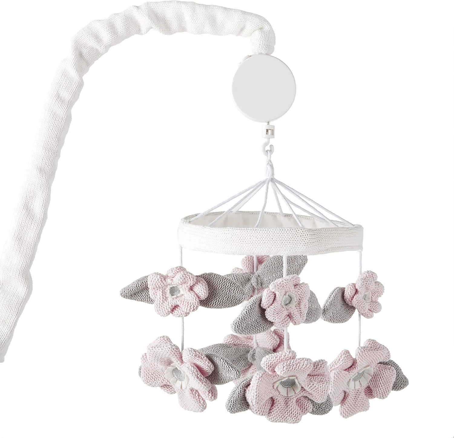 Levtex Baby - Adeline Musical Rotating Baby Crib Mobile - Knitted Flowers - Pink and Grey - Nursery Accessories