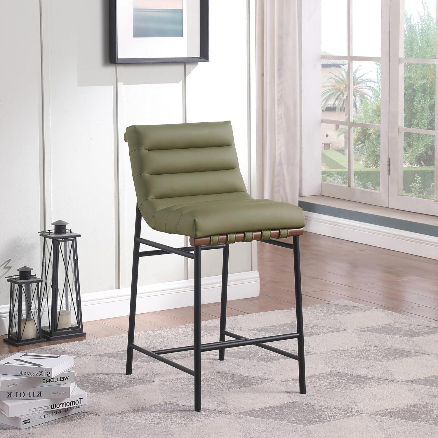 Meridian Furniture 813Olive-C Burke Collection Modern | Contemporary Counter Stool with Soft Olive Green Vegan Leather, Vegan Leather Straps, Matte Black Metal Frame, 18" W x 24" D x 37.5" H, Green