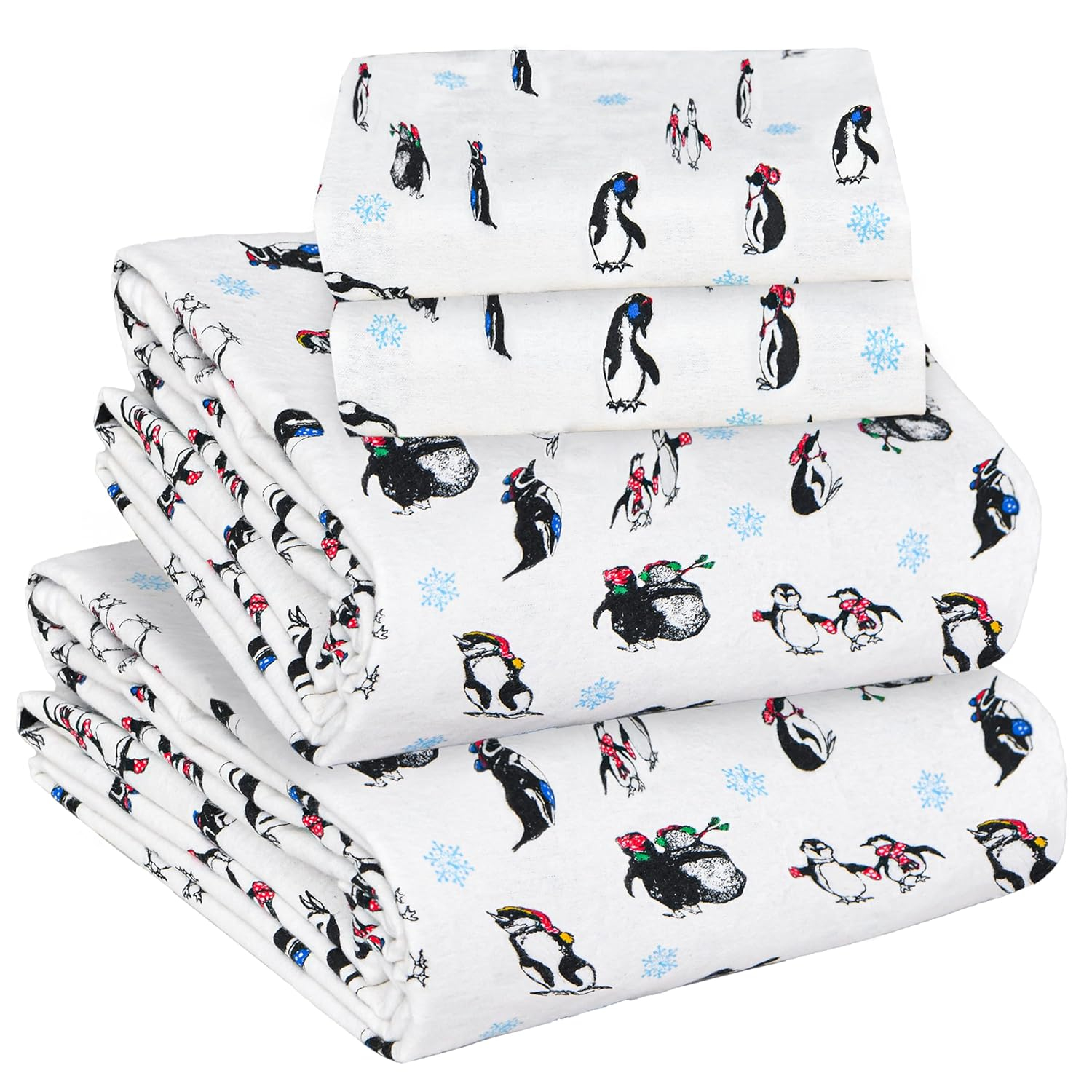 Sleepdown Twin Sheets - 100% Cotton Flannel Bed Sheets Set with Deep Pockets, Brushed Flannel with Elastic Fitted Sheet Set, Soft & Cozy Sheets - 3 Piece Bedding and Pillowcase set - Penguin