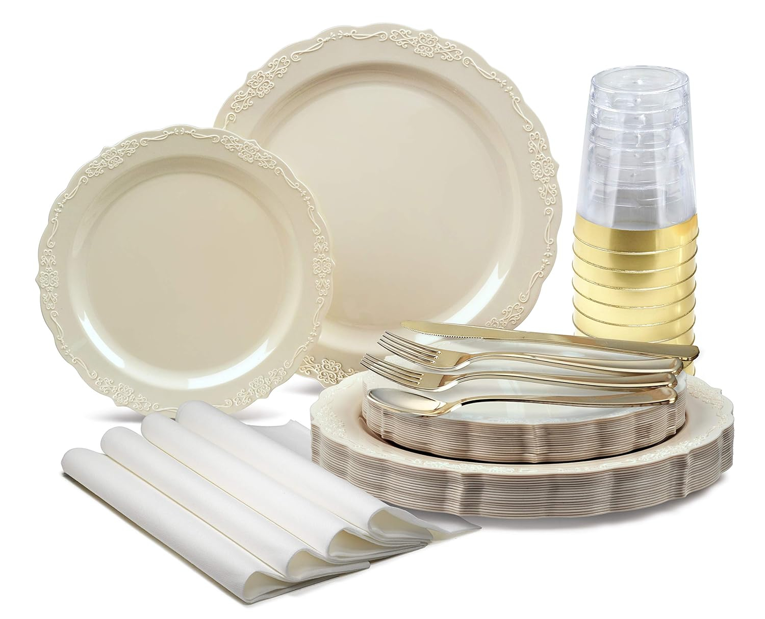 " OCCASIONS " 320 Pieces set (40 Guests)-Vintage Wedding Party Disposable Plastic Plates & cutlery -40 x 10'' + 40 x 7.5'' + Silverware + Cups + Napkins (Verona Plain Ivory)