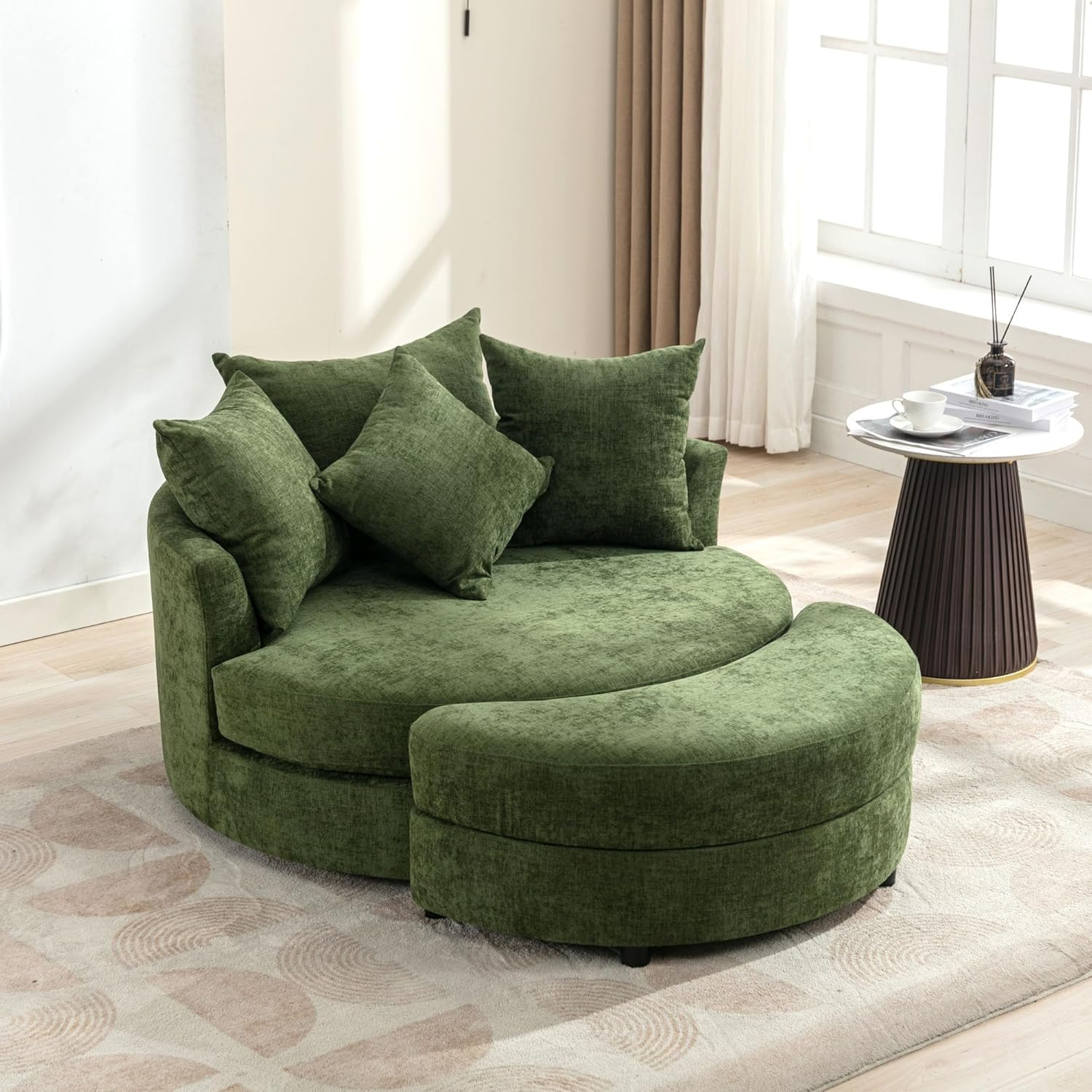 DEINPPA Swivel Round Barrel Chair with Storage Ottoman and 4 Movable Pillow Backrest, 360° Round Rotating Sofa Chair for Living Room, Hotel, Bedroom, Office, Lounge (Green + Chenille+ Foam)