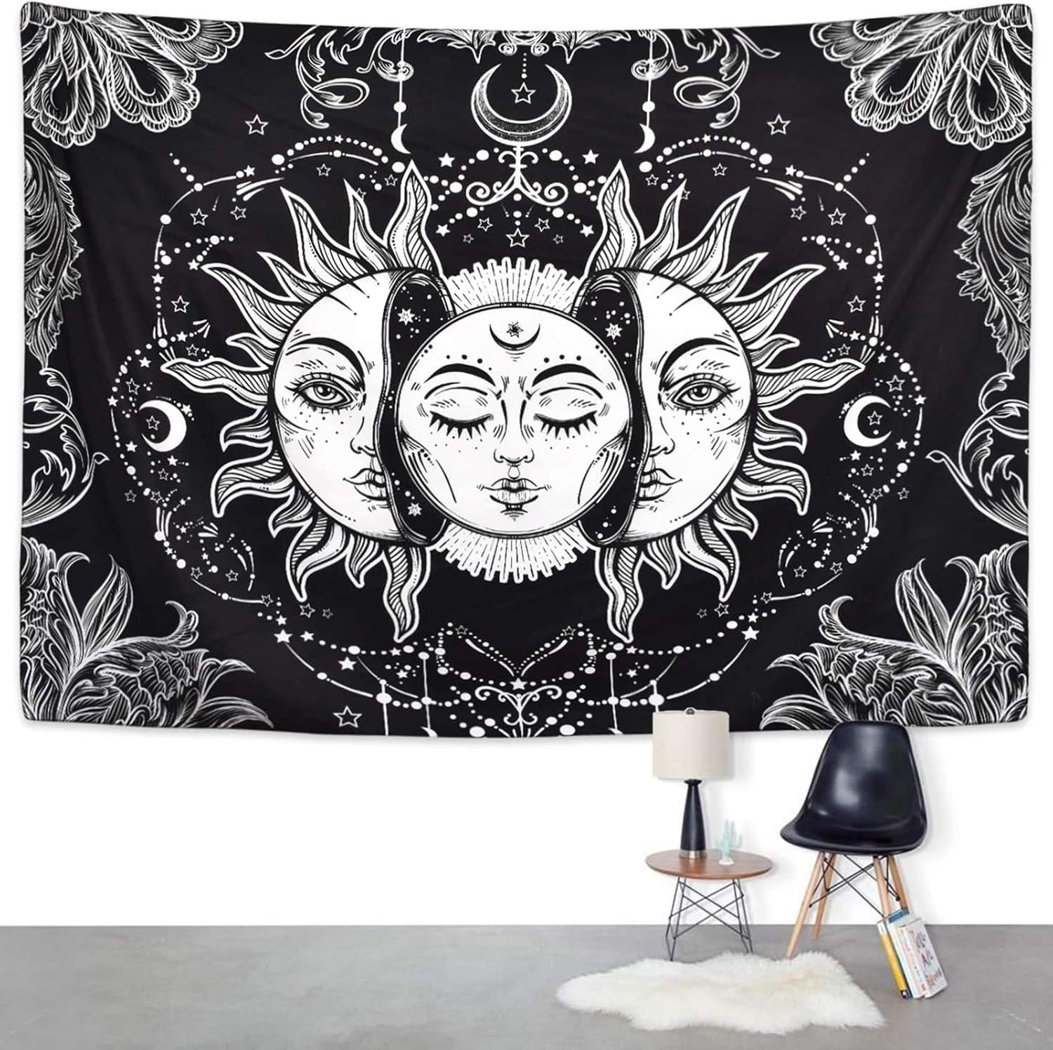 Ftuency Sun and Moon Tapestry, Black and White Tapestries Mystic Burning Sun with Star Wall Hanging decor for Bedroom (59" W x 51" L)