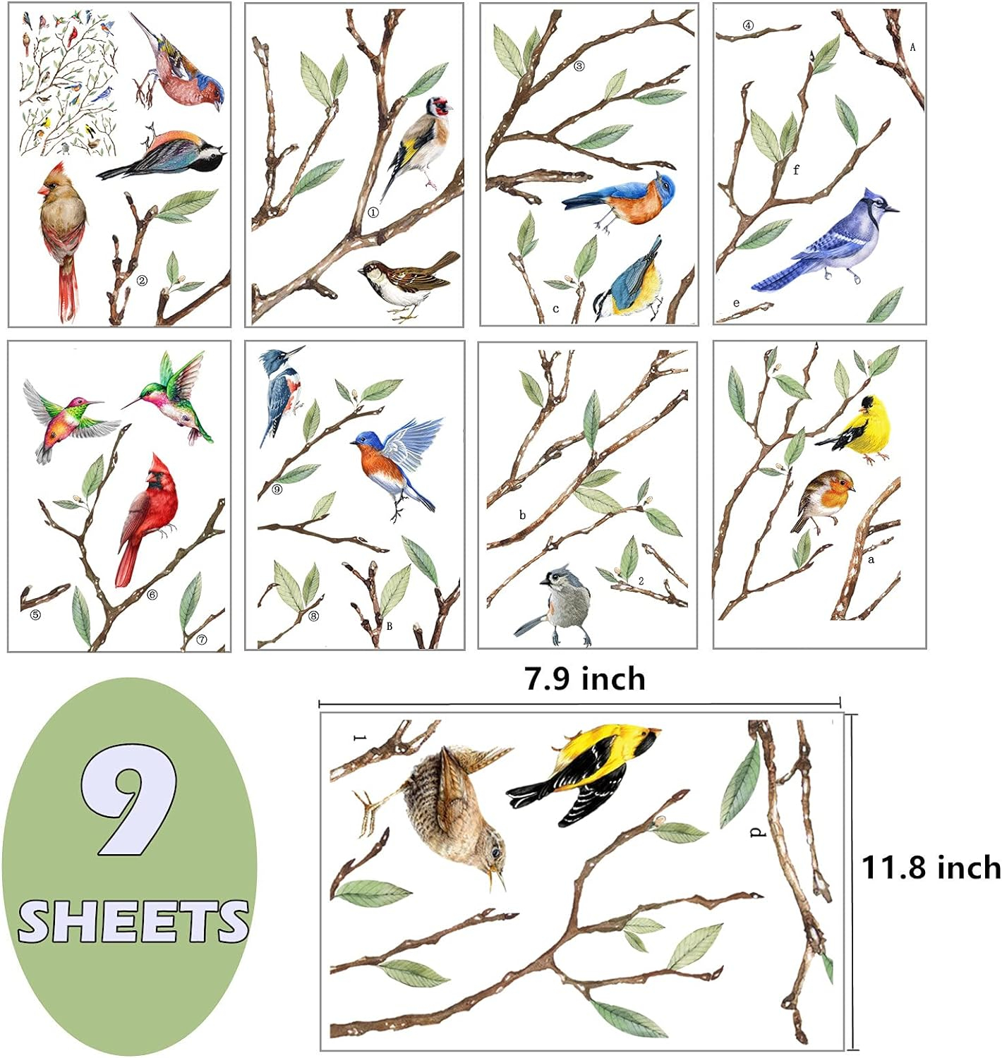 Yovkky Spring Summer Tree Branch Bird Strike Window Cling 9 Sheet, Anti Collision Cardinal Wall Glass Sticker Decal Hummingbird Bluebird Robin Decor, Fall Autumn Home Kitchen Office Fridge Decorations