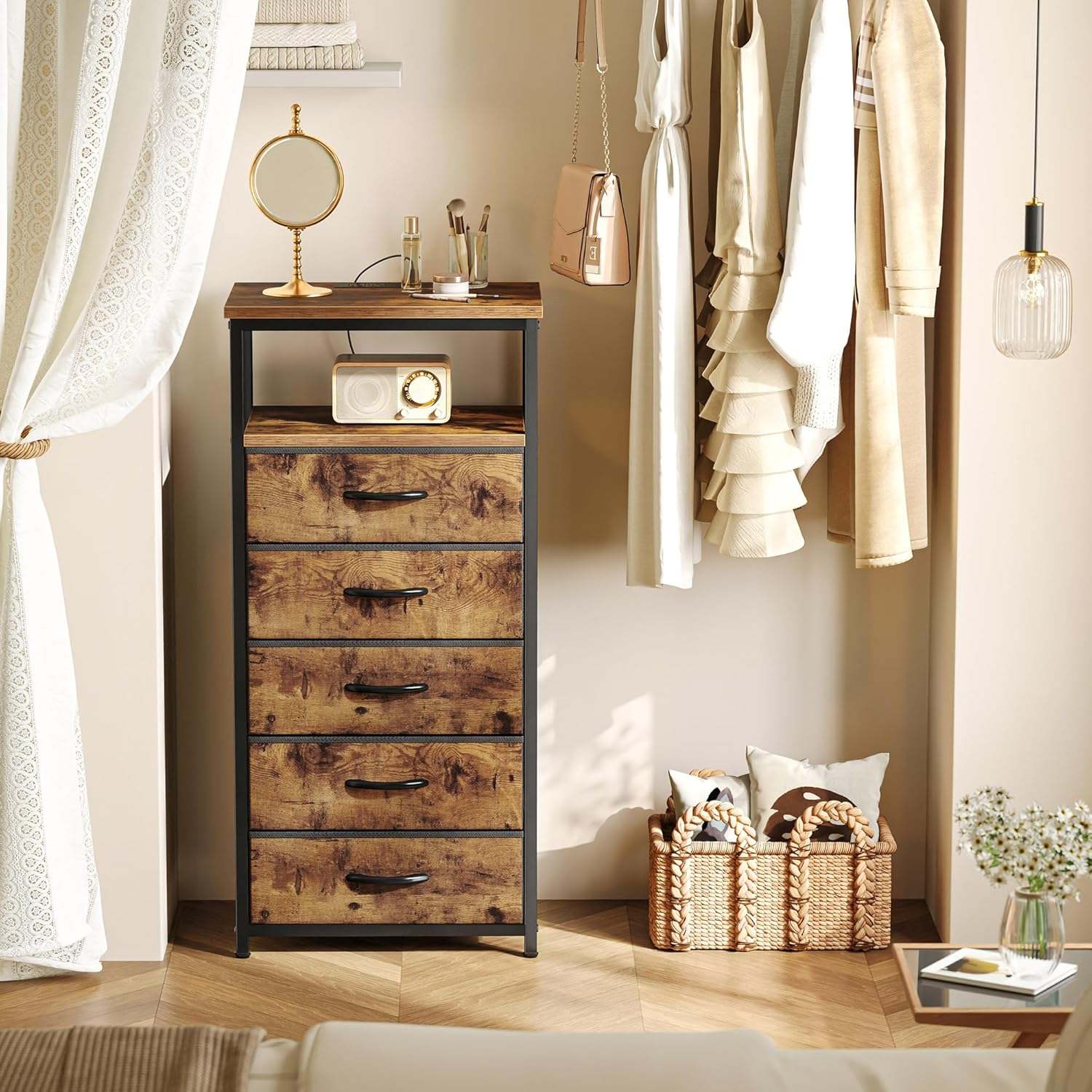 Huuger 5 Drawers Dresser with Charging Station, Dresser for Bedroom, Tall Night Stand, Chest of Drawers with Open Shelf, Bedside Table Nightstand, Fabric, for Entryway, Rustic Brown