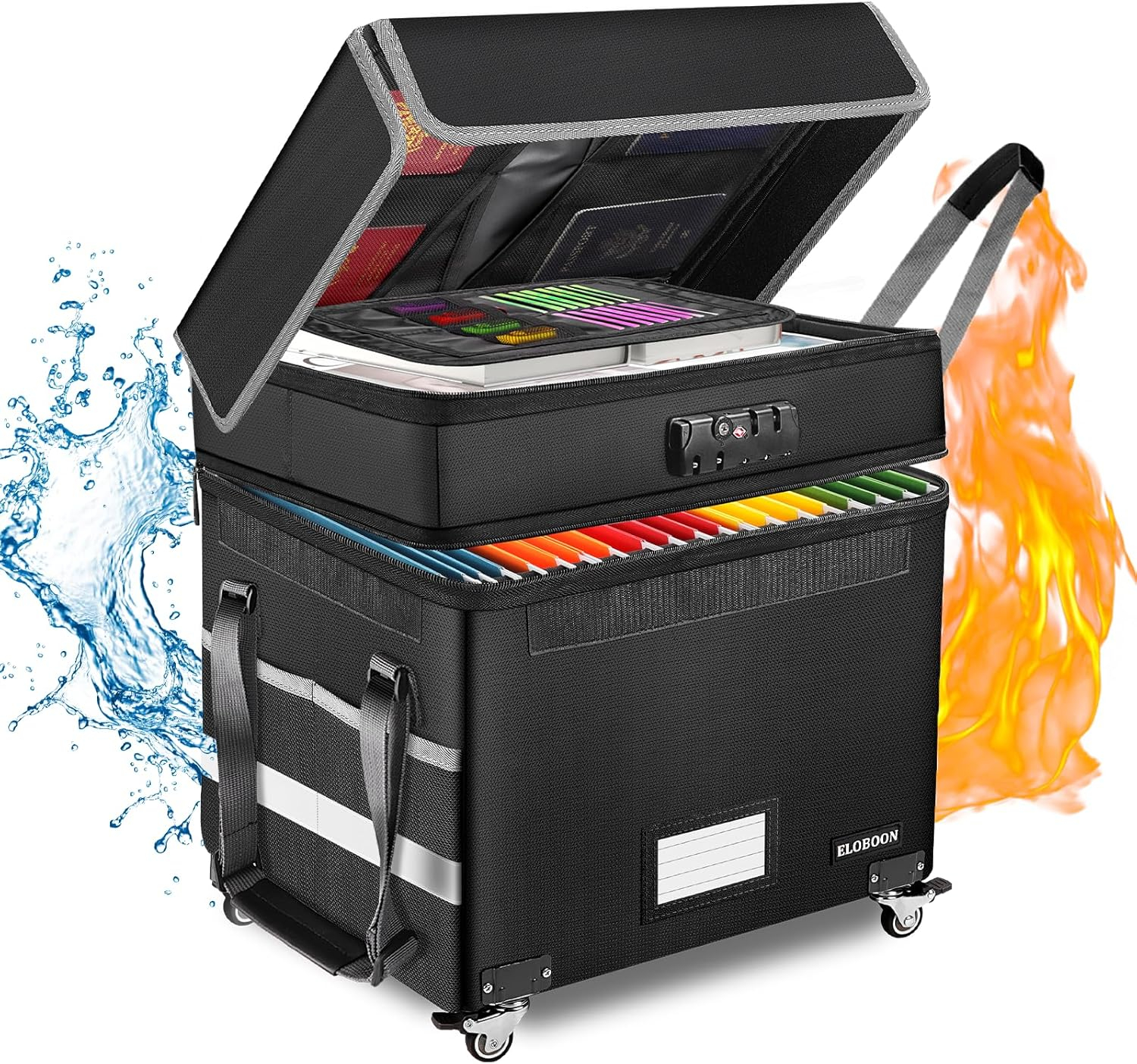 Collapsible File Organizer Box with Lock, Fireproof Document Box on Wheels, Rolling File Cabinet for Hanging Letter/Legal Folders, Black