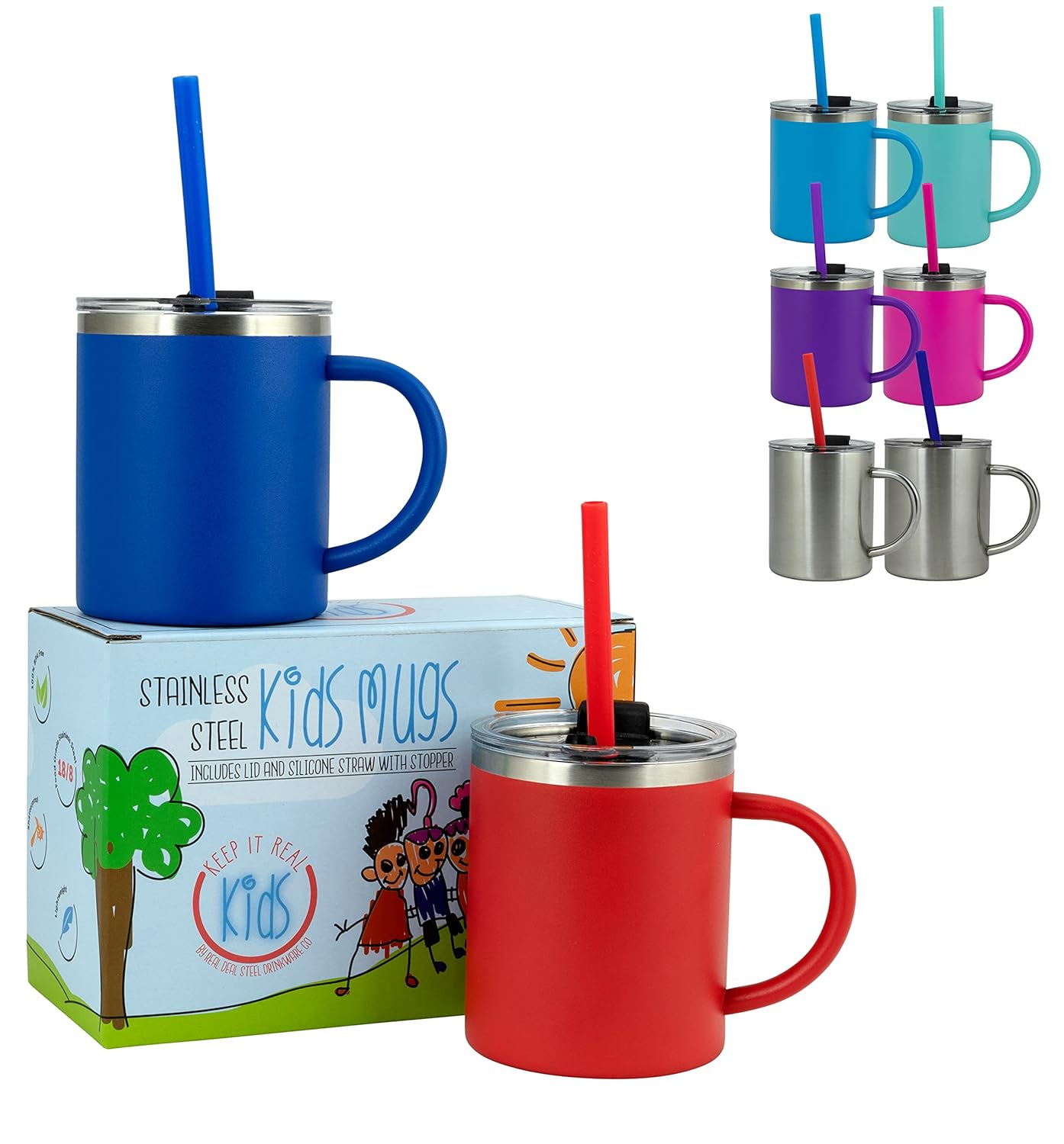 Stainless Steel Kids Mugs - BPA Free 10 oz Childrens Cup, Coffee Style Mugs for Hot Chocolate, Milk, Set of 2 with Handle, Lid and Straw (Blue / Red)…