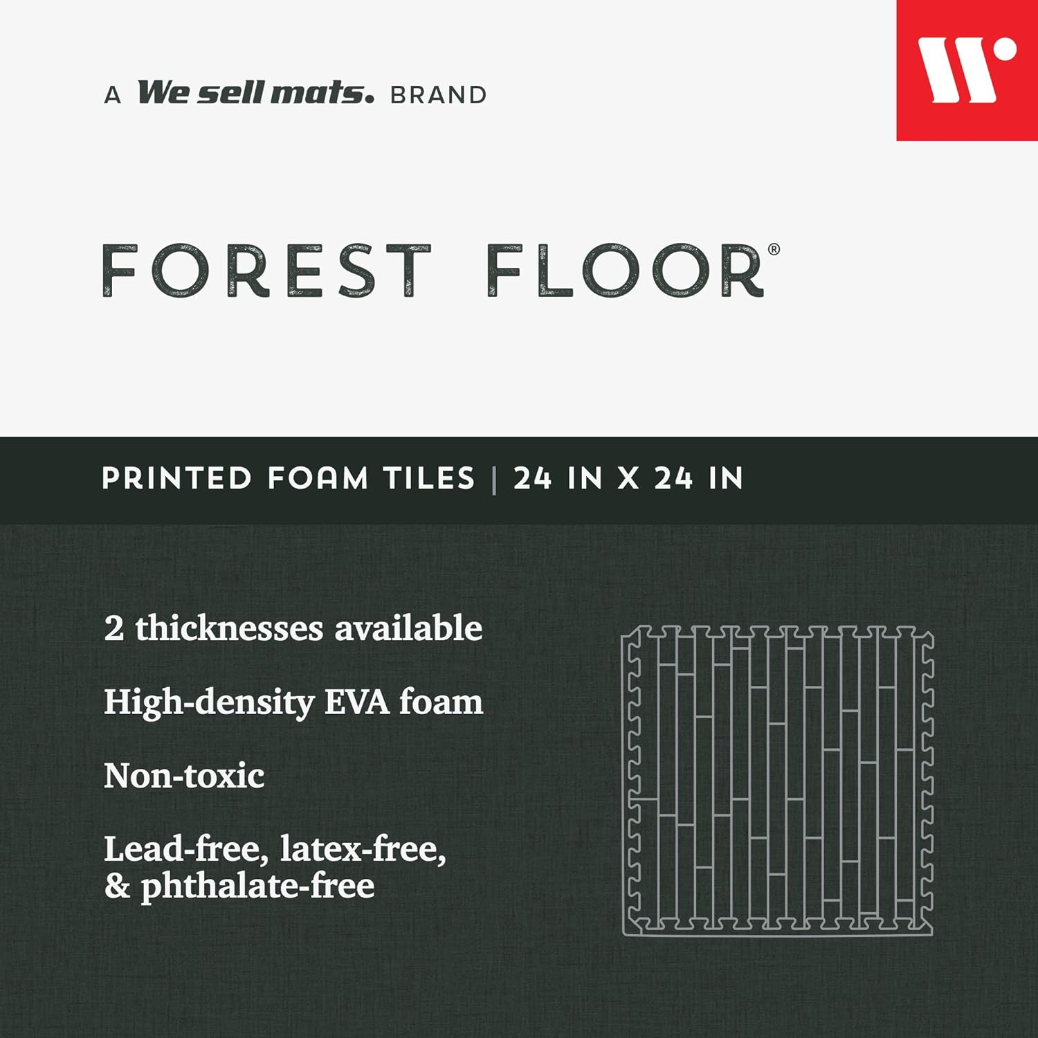 Forest Floor 5/8 Inch Thick Printed Foam Tiles, Premium Wood Grain Interlocking Foam Floor Mats, Anti-Fatigue Flooring, Carbon, 24 Sq Ft