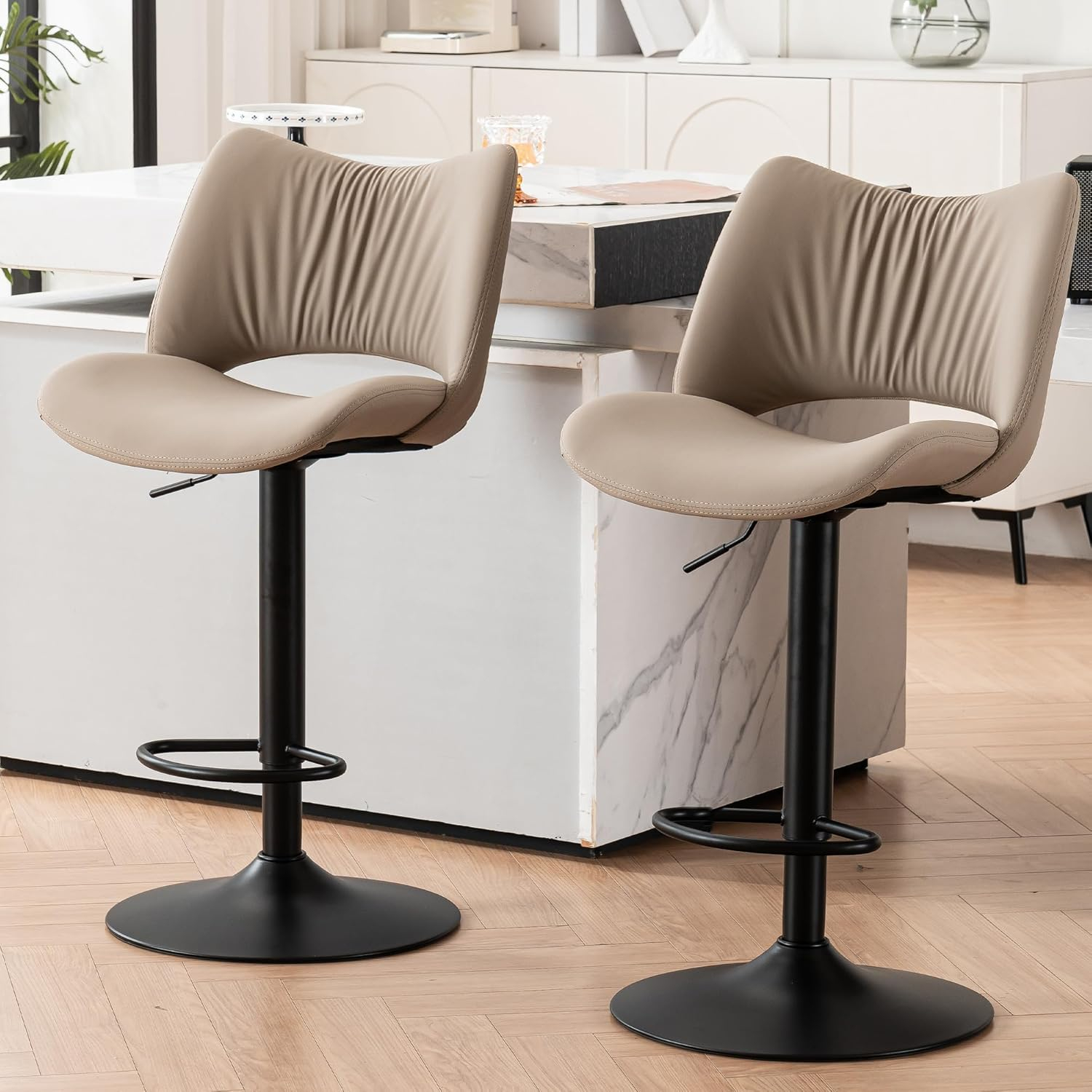 Khaki Adjustable Swivel Faux Leather Bar Stools with Metal Base